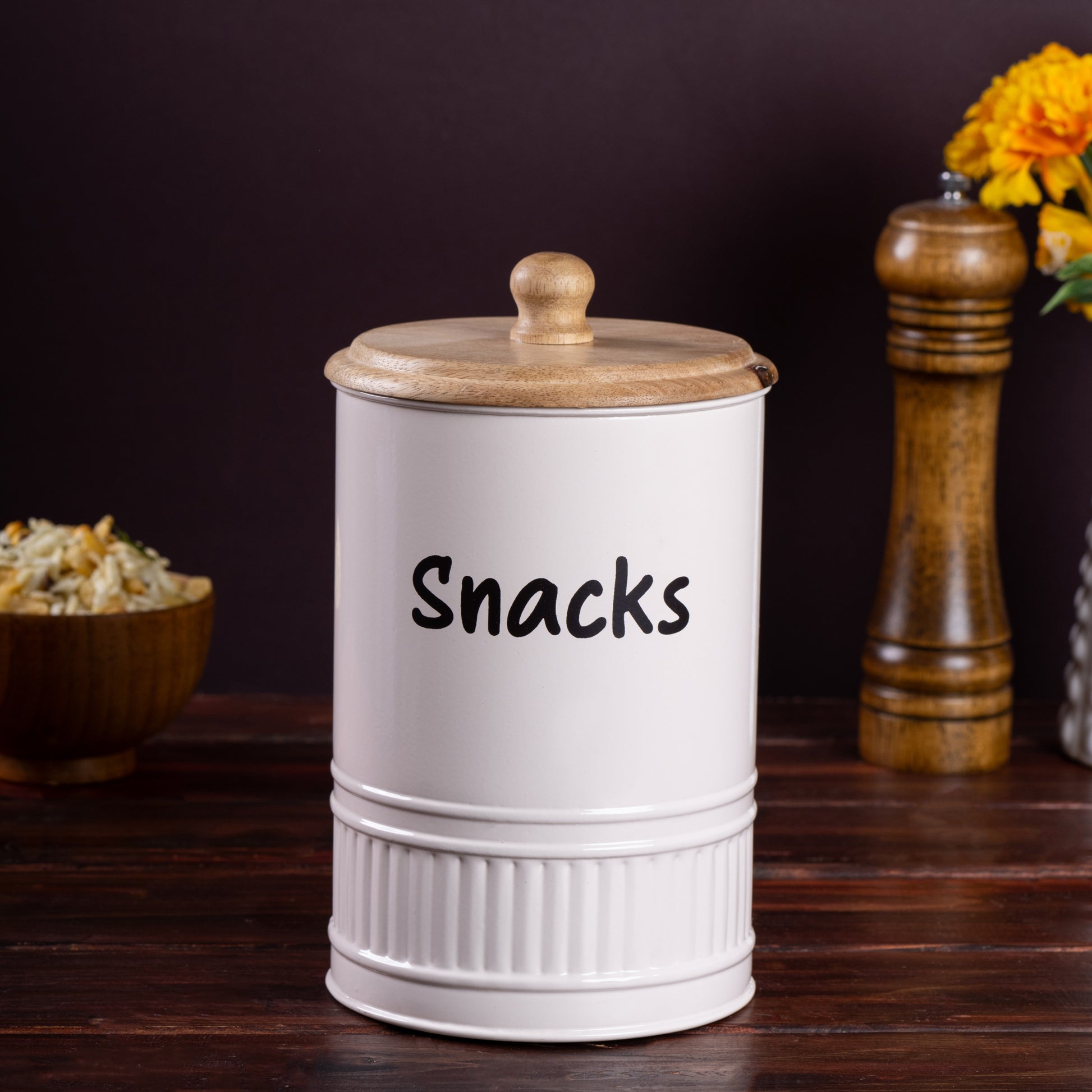 cream-v | Neo-modern Snacks Jar | Airtight Metal Container with Wooden Lid | Namkeen Biscuit container for Kitchen Storage