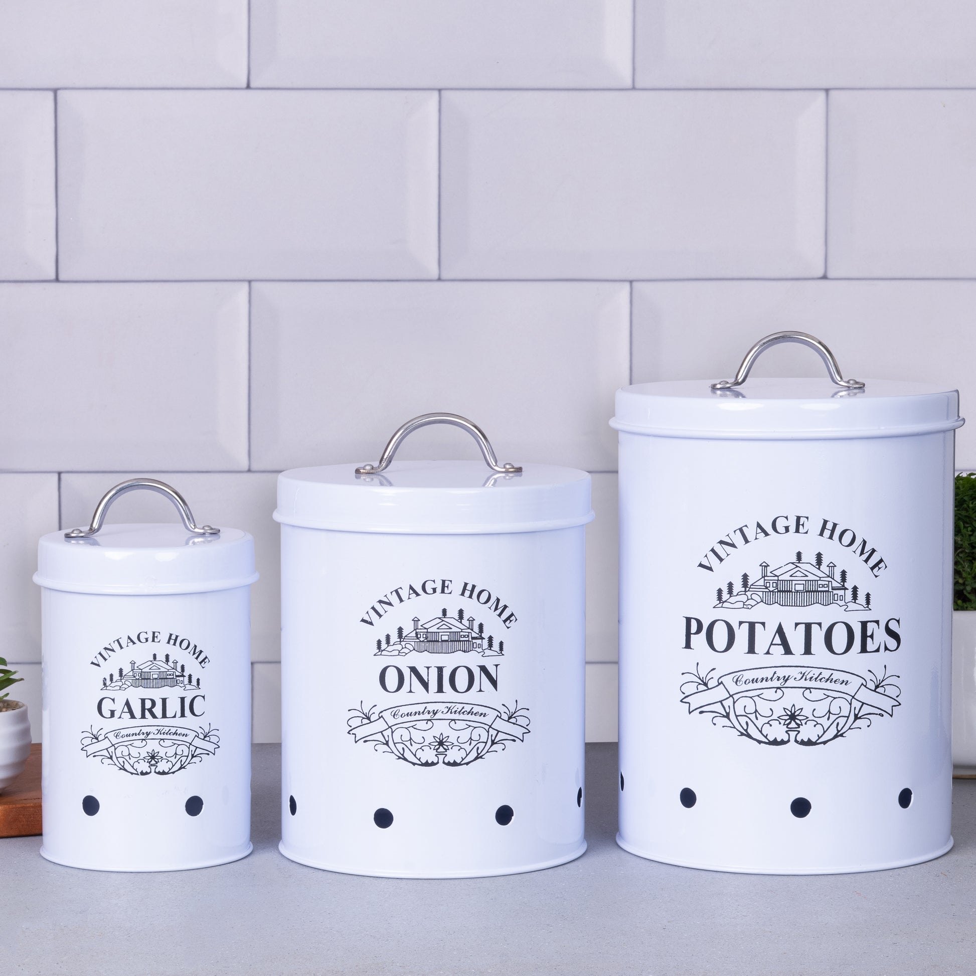 White-v | Round Classic Kitchen Storage Containers | Set of 3 Metal Jars With Lid | Potato, Onion & Garlic Storage
