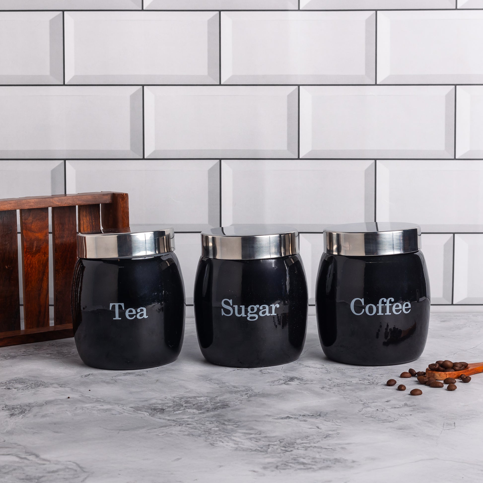 BLACK-v | Country Airtight Kitchen Containers | Set of 3 Metal Jars