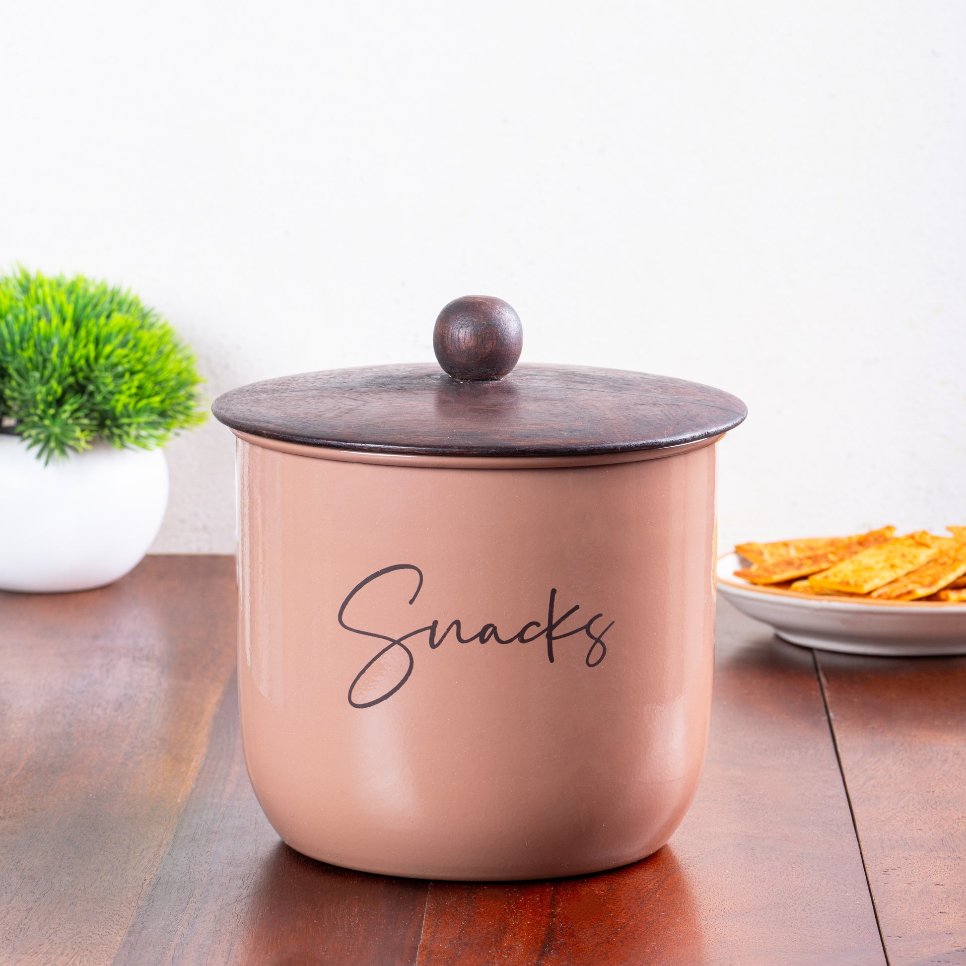 Mocha Mousse-v | Elegant Snacks Jar | Airtight Metal Container with Wooden Lid | Namkeen Biscuit container