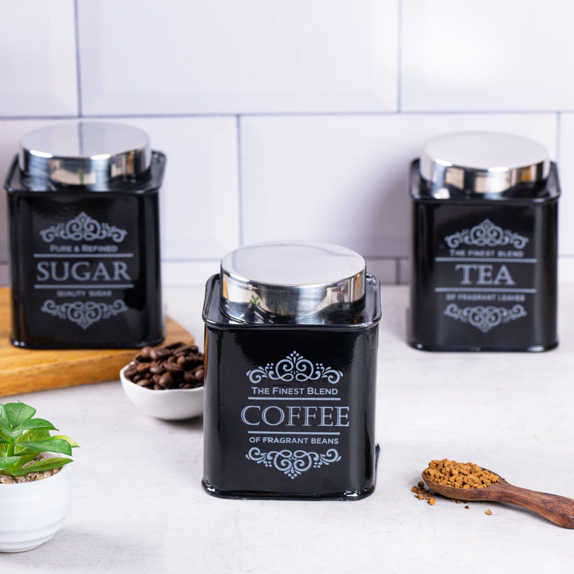 Black-v | Artisanal Kitchen Storage Jars | Tea, Coffee and Sugar Containers Set of 3