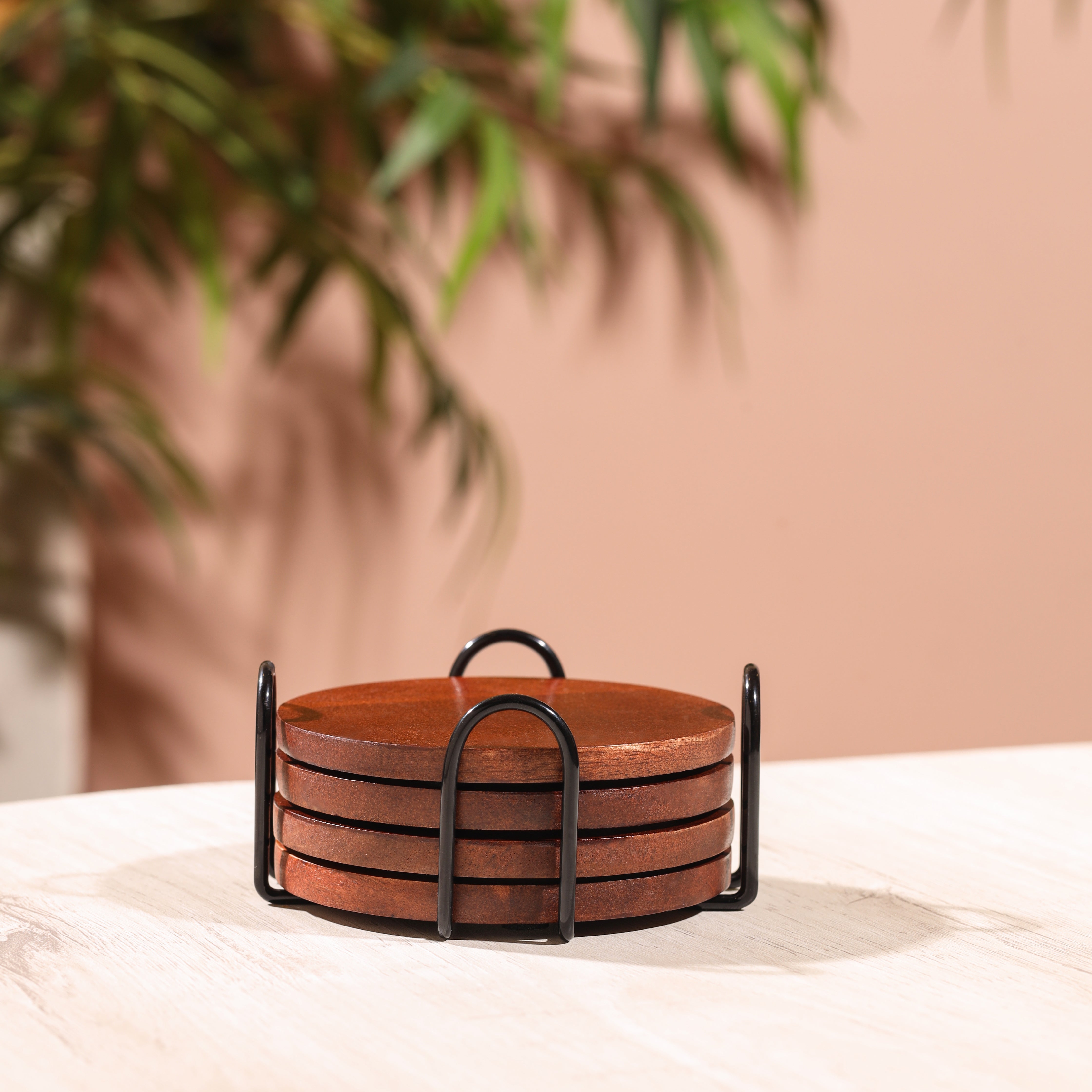 Premium Wood Coaster Set with Metal Stand | Designer Coasters for Tabl ...