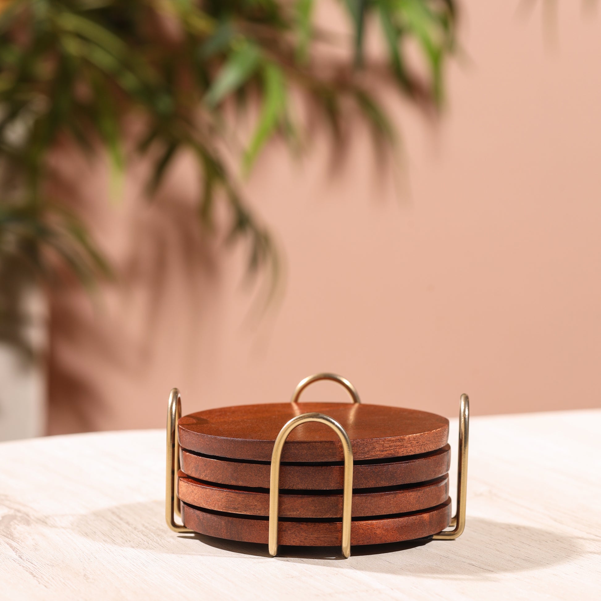 brass-v | Premium Wood Coaster Set with Metal Stand | Designer Coasters for Tabletop Drinking Glasses & Mugs | Set of 4 Coasters with Stylish Holder-Round