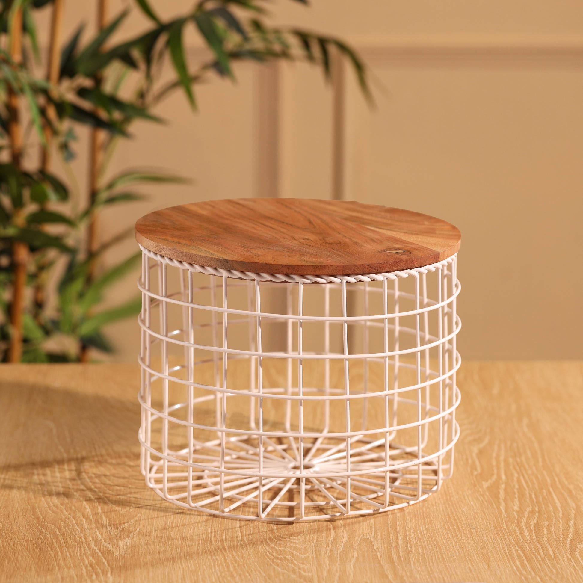 Tall-v | Neo-Modern Metal Wire Storage Basket with Wood Lid