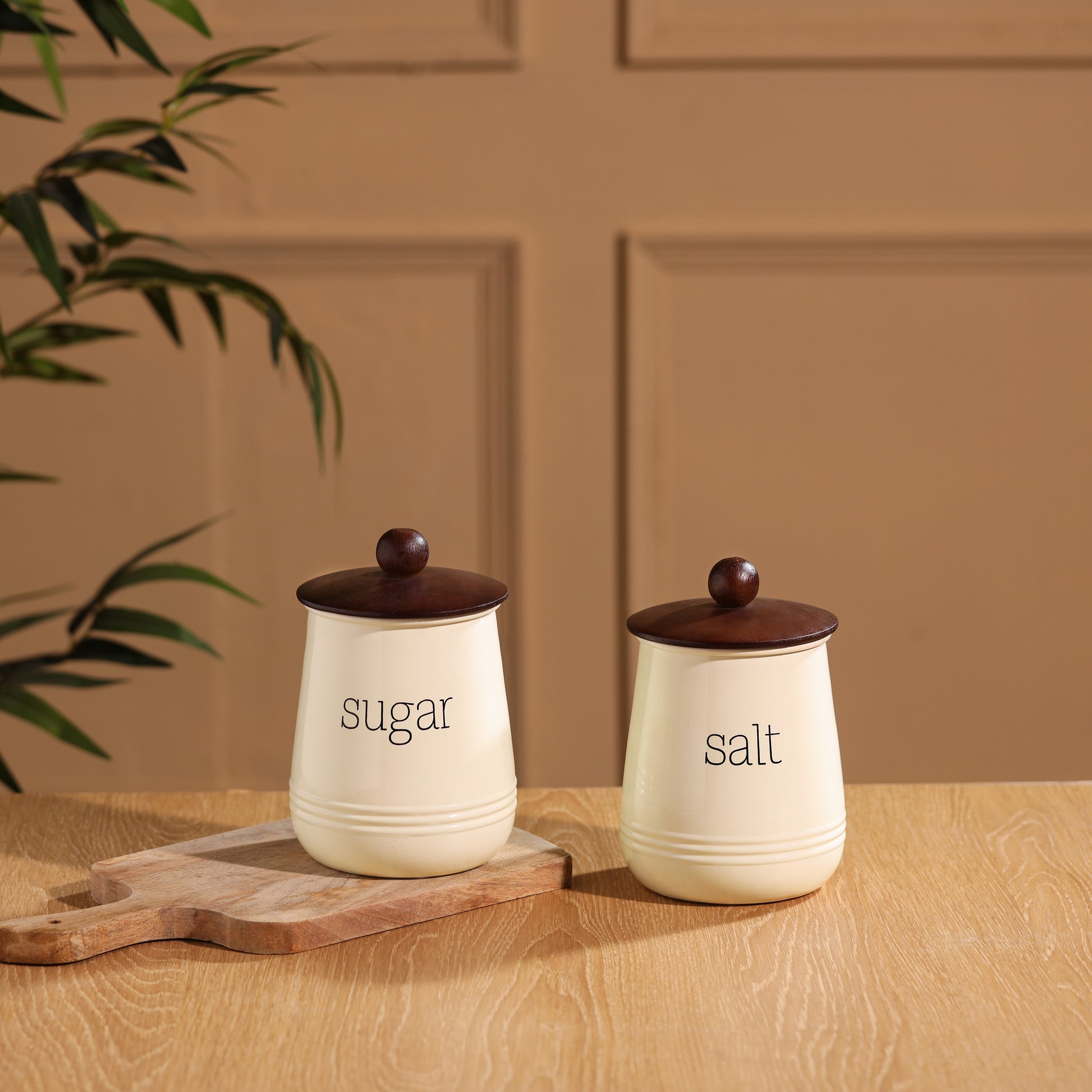 cream-v | Stylish Salt & Sugar Airtight Kitchen Containers | Set of 2 Metal & Wood Jars
