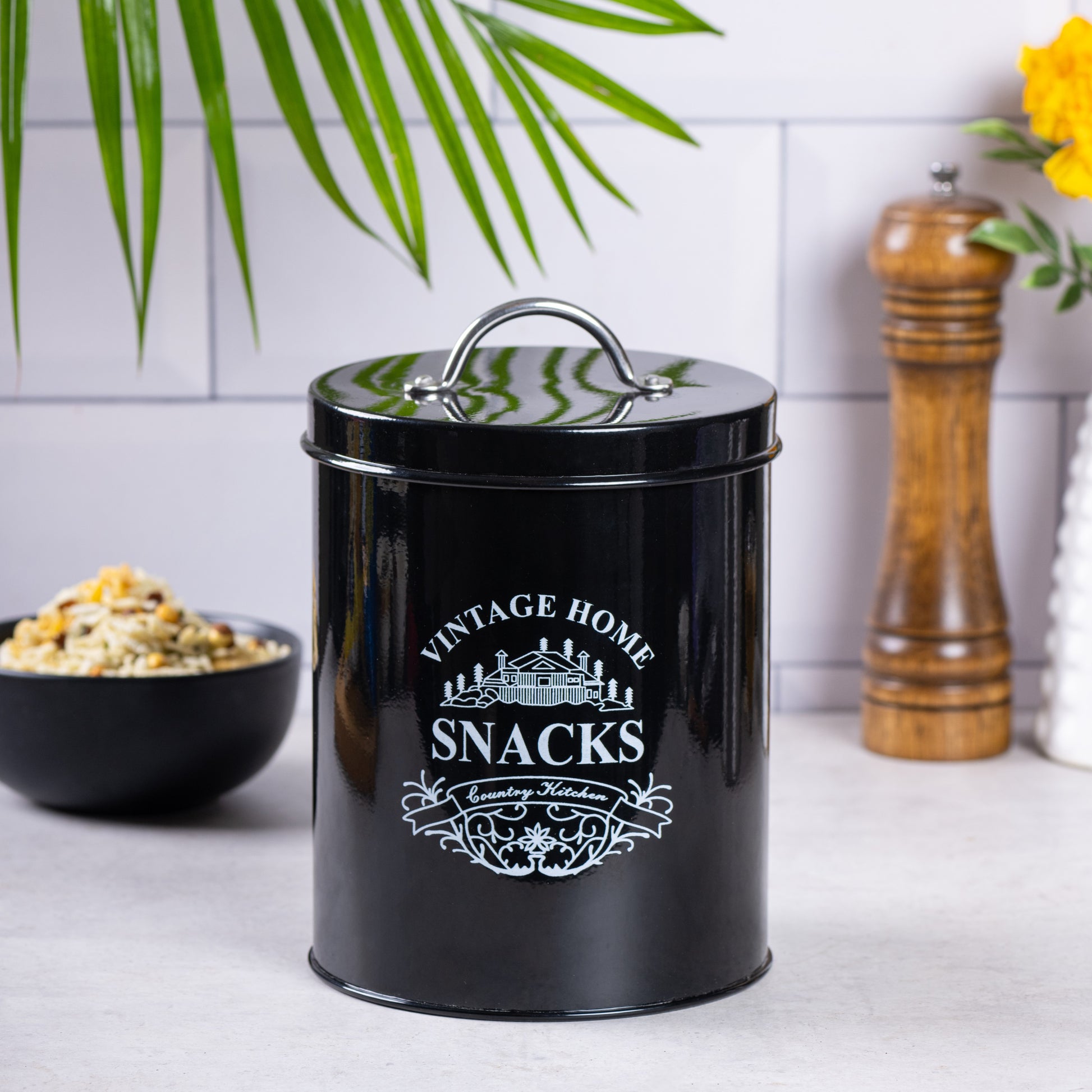 Black-v | Round Classic Snacks Jar | Food, Namkeen & Biscuits Storage Canister