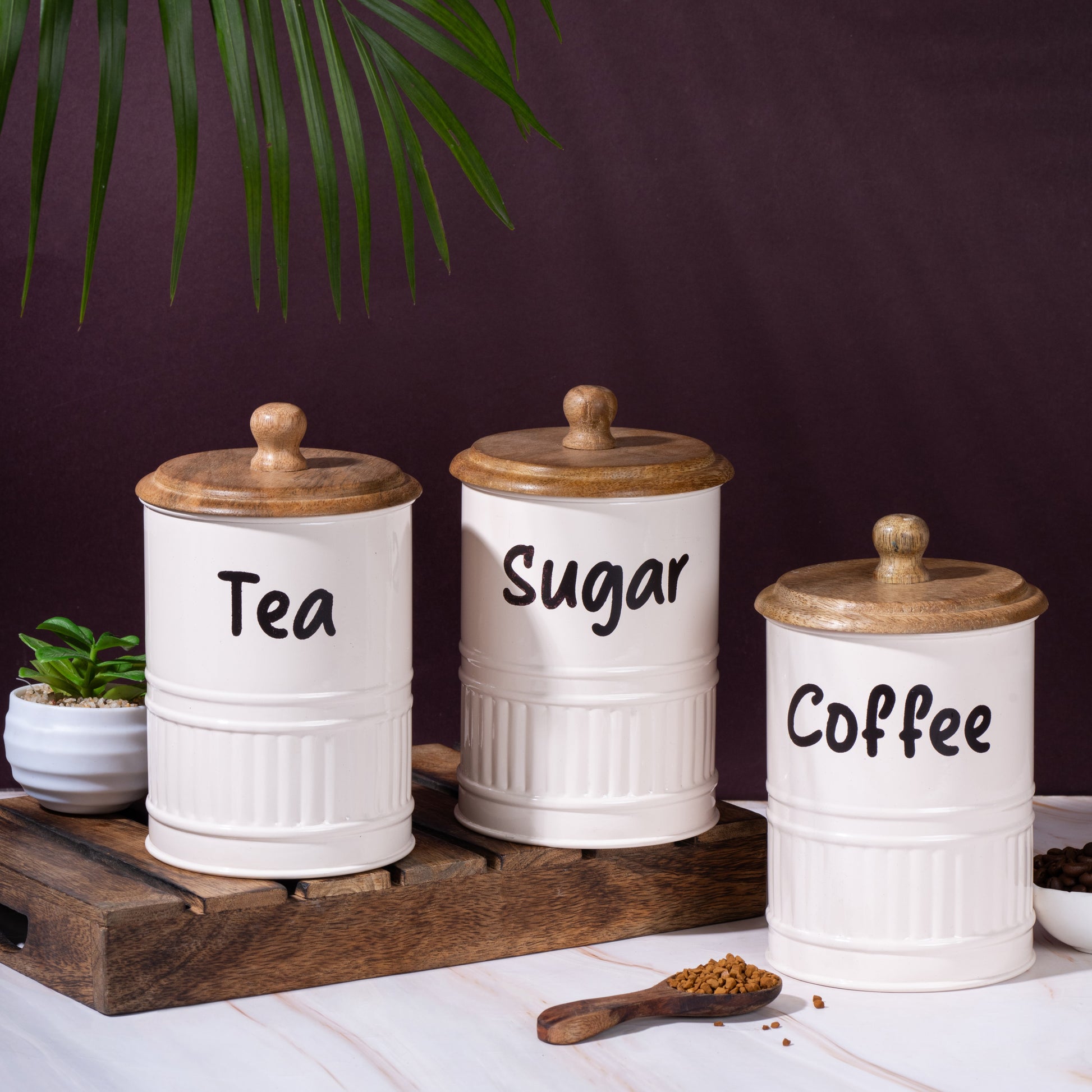 cream-v | Neo-modern Airtight Kitchen Containers |Sugar Tea Coffee Set of 3 Metal & Wood Jars