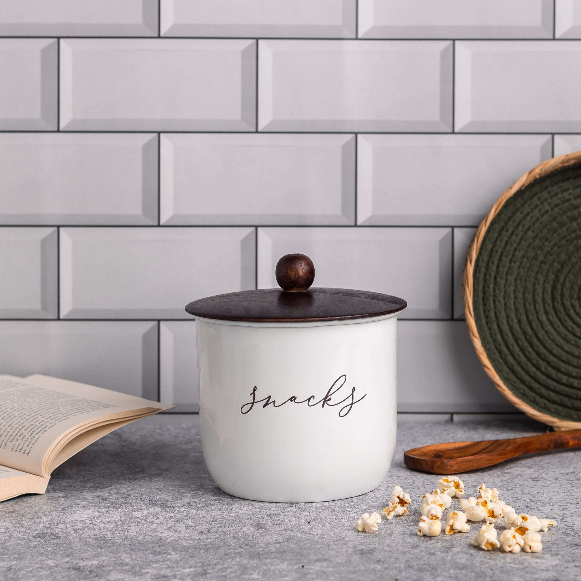 White-v | Elegant Snacks Jar | Airtight Metal Container with Wooden Lid | Namkeen Biscuit container