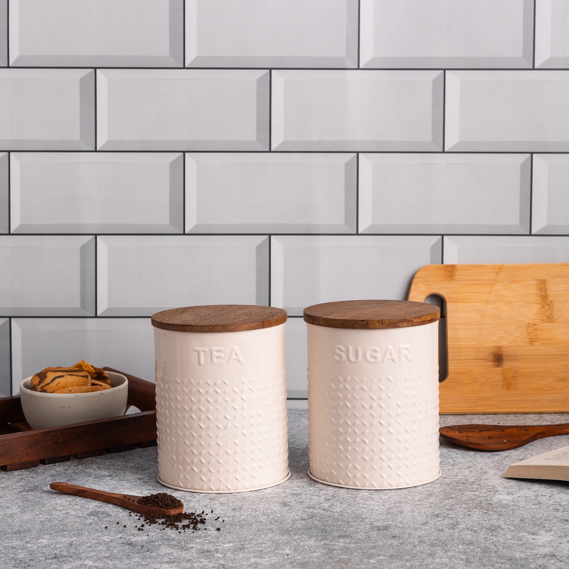 Cream-v | Embossed Kitchen Storage Jars |Sugar Tea Set of 2 Metal & Wood Jars