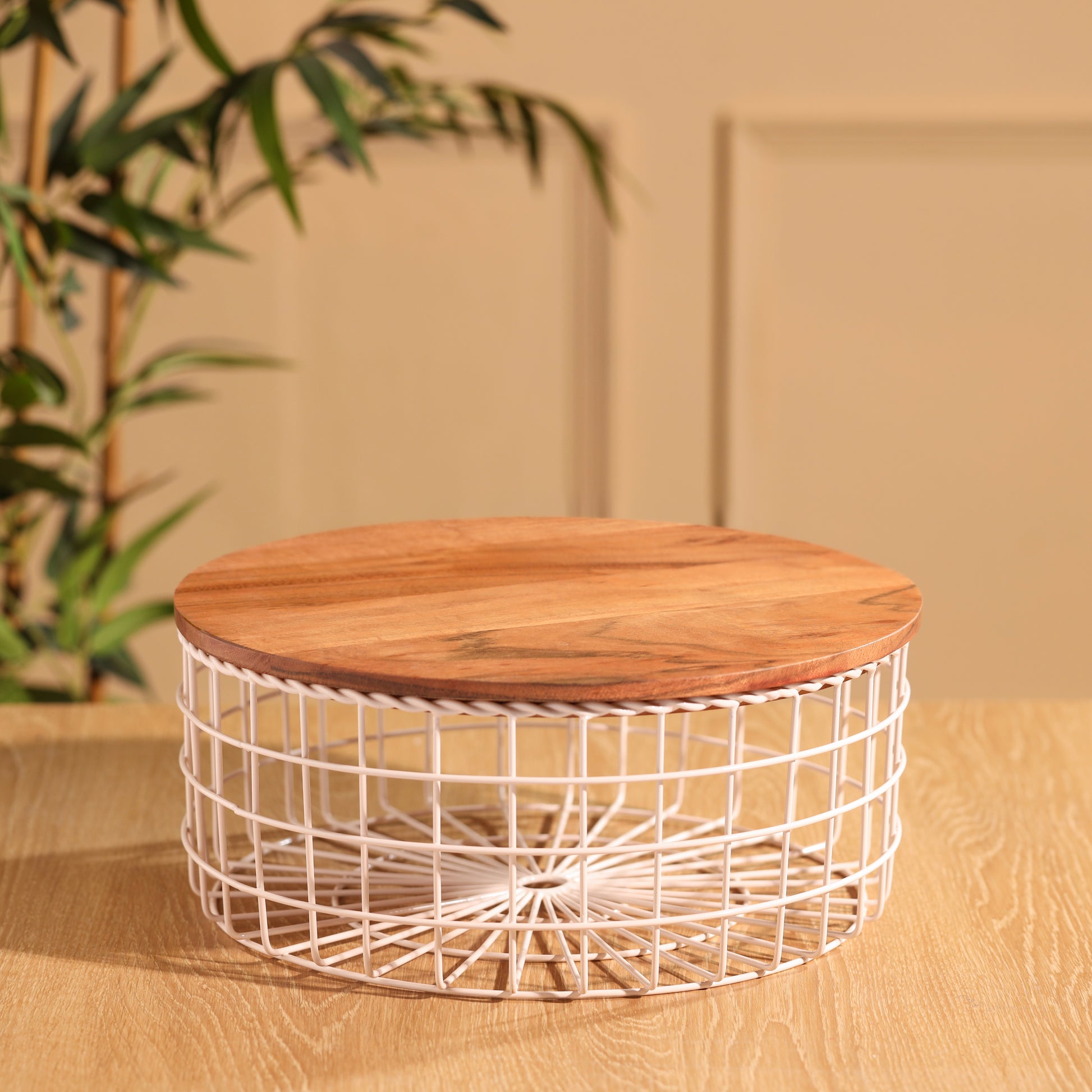 Round-v | Neo-Modern Metal Wire Storage Basket with Wood Lid
