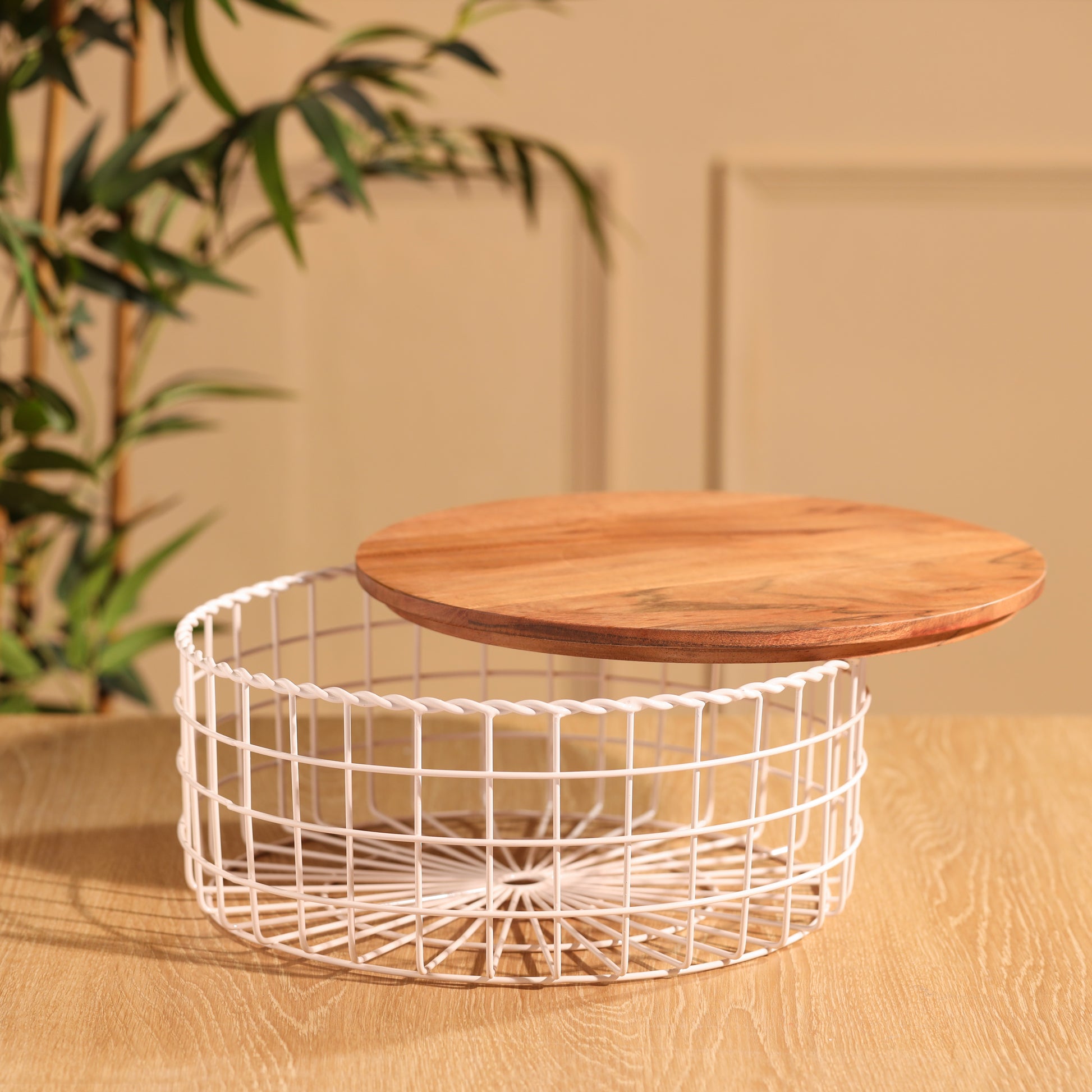 Round-v | Neo-Modern Metal Wire Storage Basket with Wood Lid