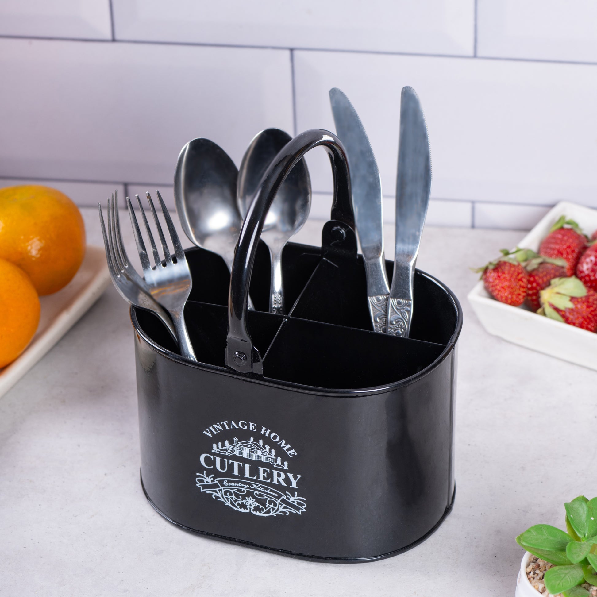 Black-v | Classic Cutlery Holder for Dining Table, Metal Storage Box
