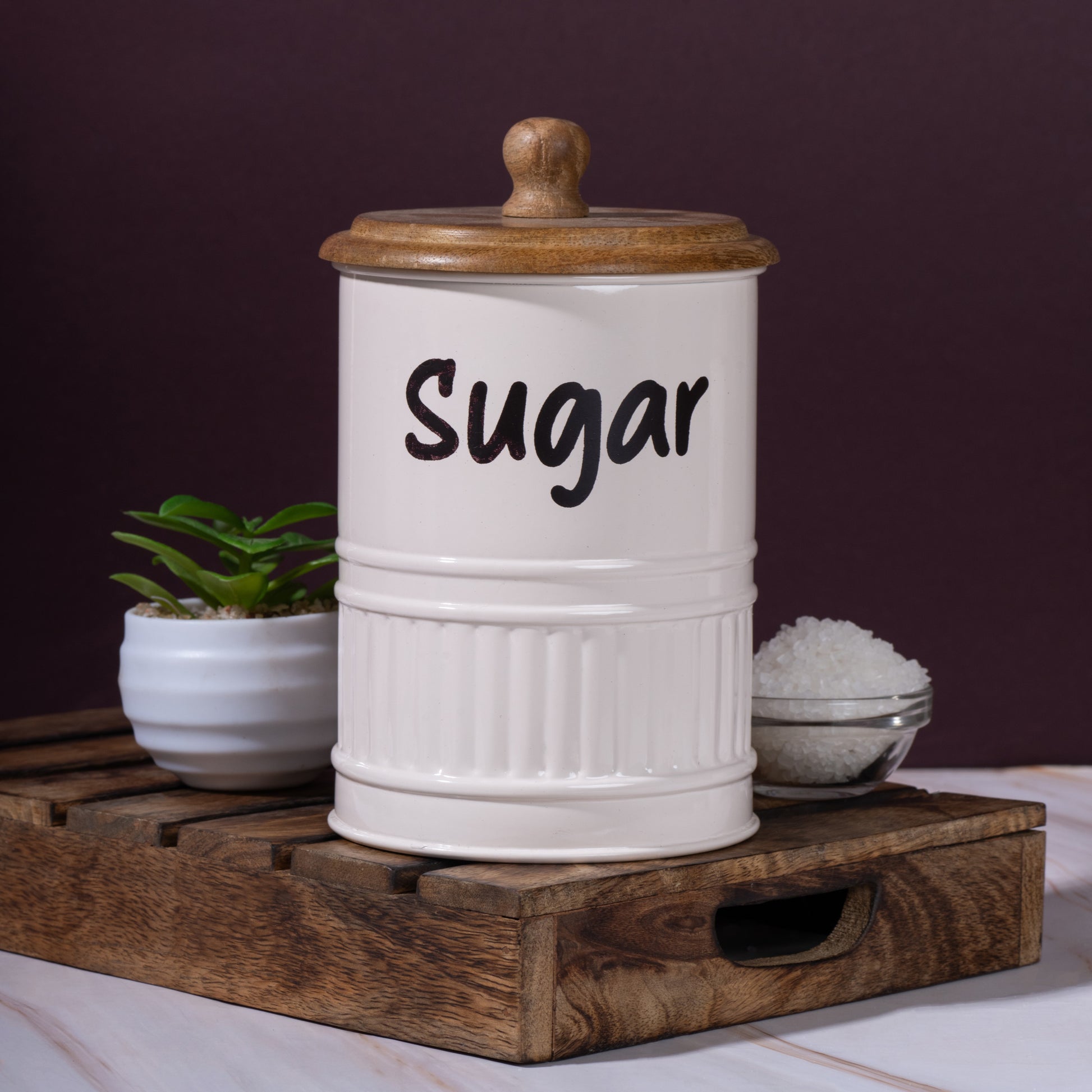 cream-v | Neo-modern Airtight Kitchen Containers |Sugar Tea Coffee Set of 3 Metal & Wood Jars