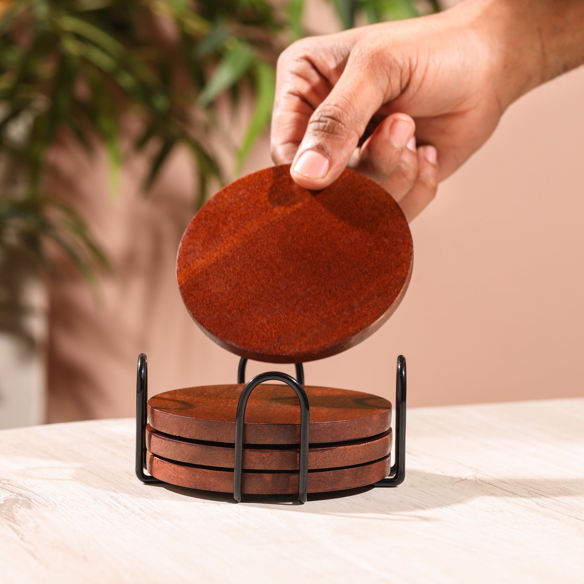 black-v | Premium Wood Coaster Set with Metal Stand | Designer Coasters for Tabletop Drinking Glasses & Mugs | Set of 4 Coasters with Stylish Holder-Round