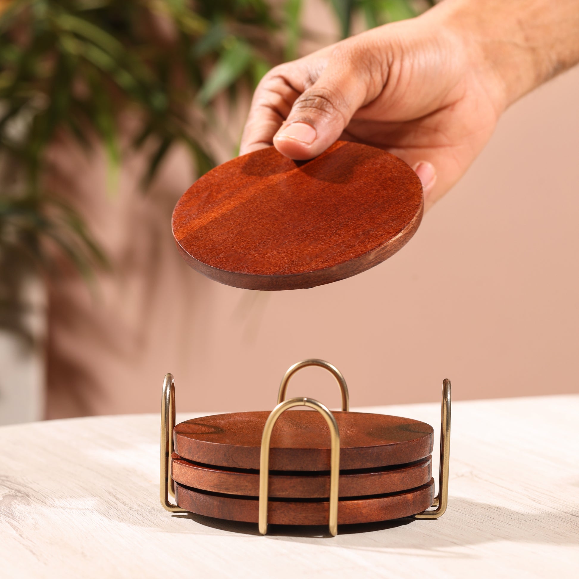 brass -v | Premium Wood Coaster Set with Metal Stand | Designer Coasters for Tabletop Drinking Glasses & Mugs | Set of 4 Coasters with Stylish Holder-Round