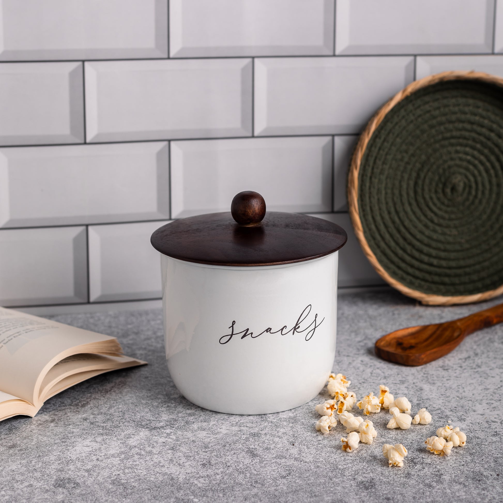 White-v | Elegant Snacks Jar | Airtight Metal Container with Wooden Lid | Namkeen Biscuit container