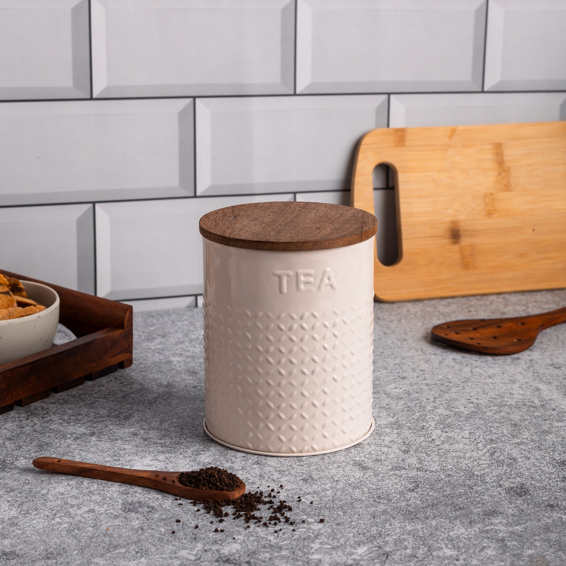 Cream-v | Embossed Kitchen Storage Jars |Sugar Tea Set of 2 Metal & Wood Jars