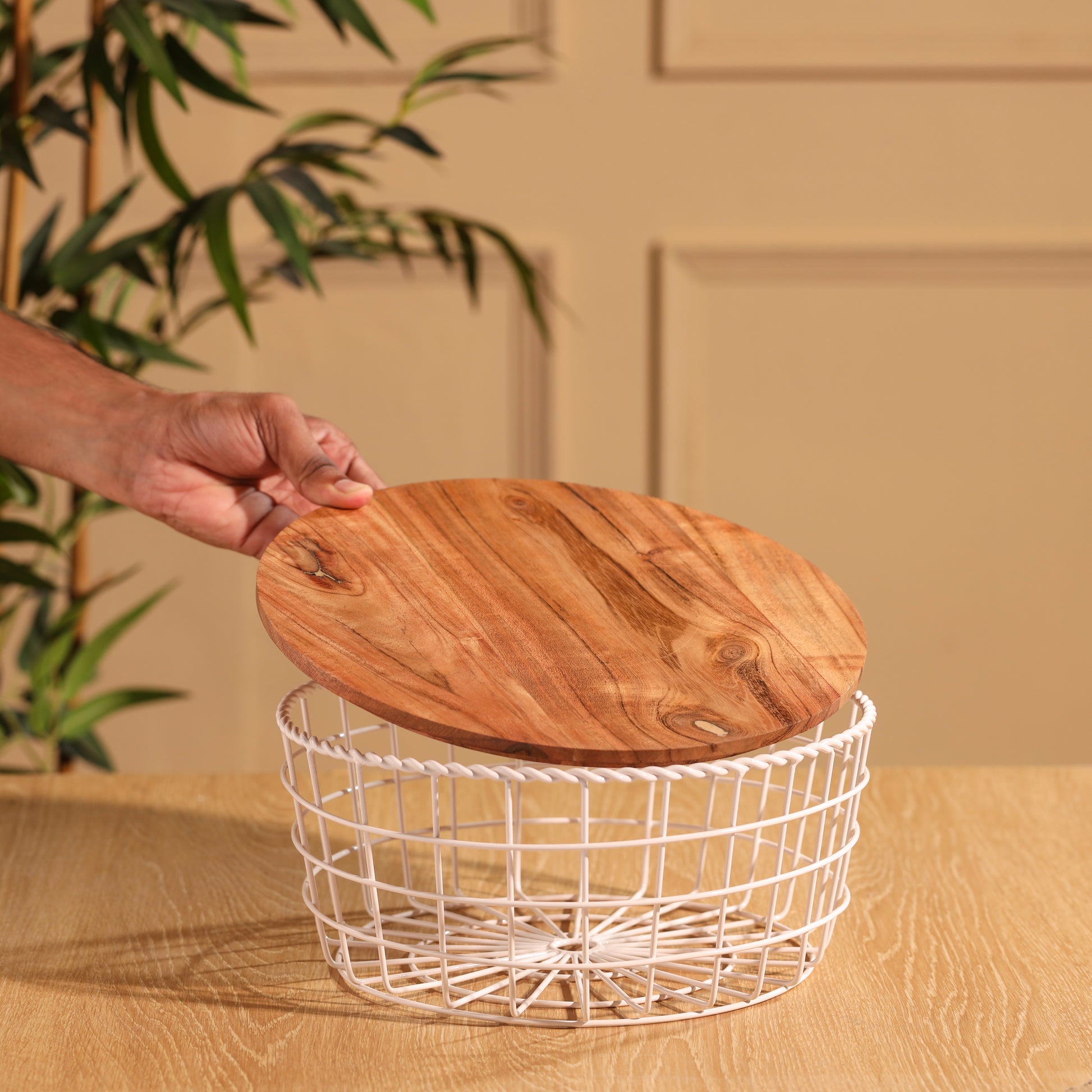 Taper-v | Neo-Modern Metal Wire Storage Basket with Wood Lid