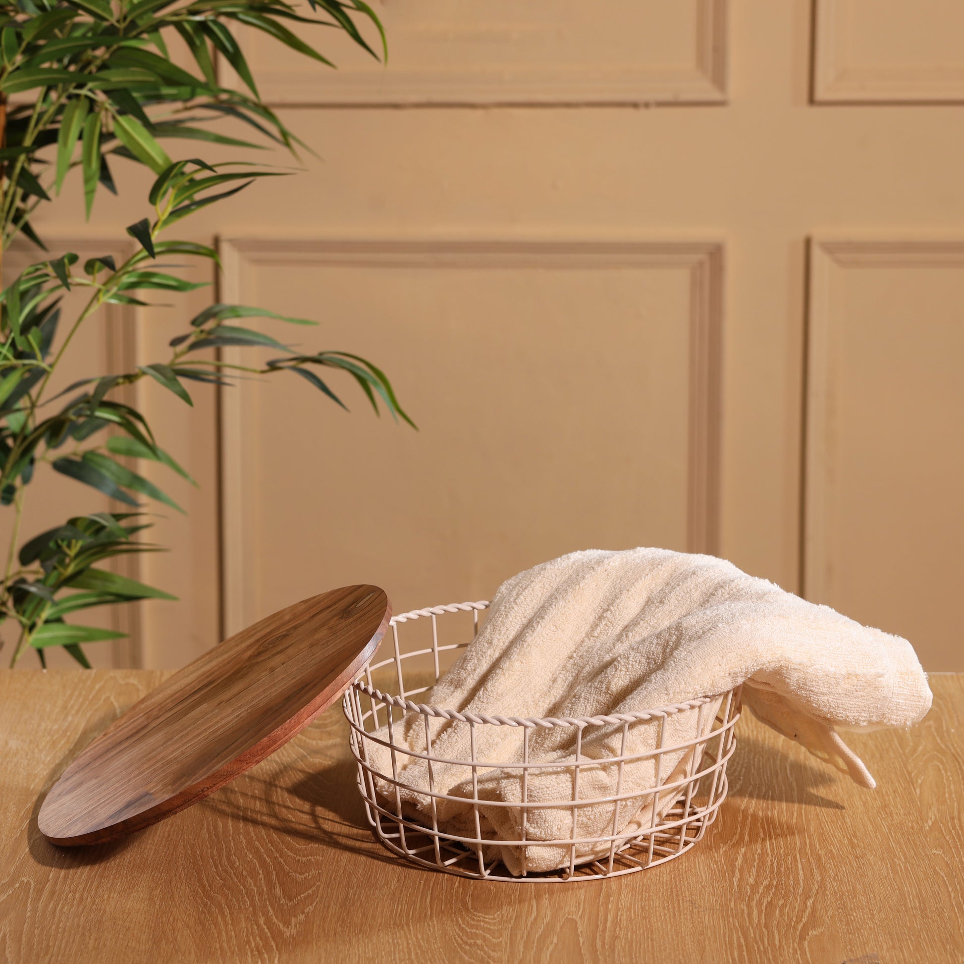 Taper-v | Neo-Modern Metal Wire Storage Basket with Wood Lid