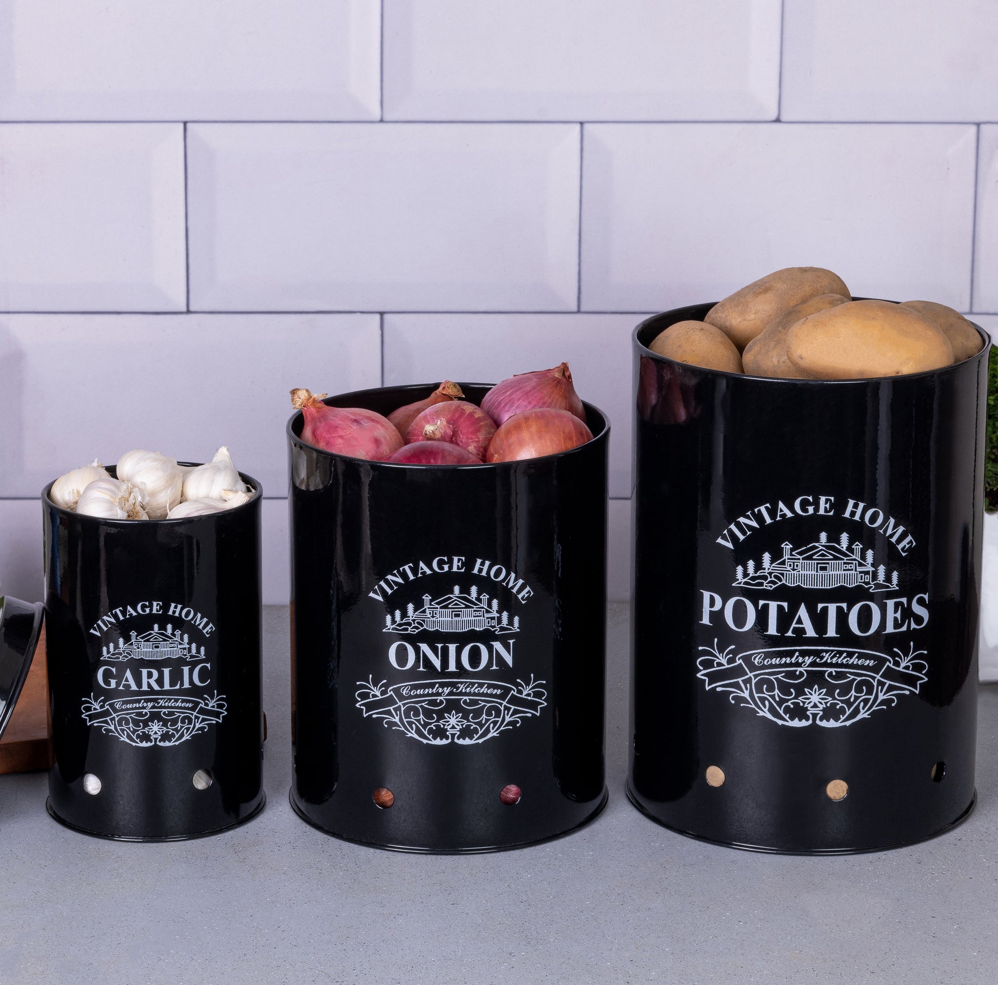 Black-v | Round Classic Kitchen Storage Containers | Set of 3 Metal Jars With Lid | Potato, Onion & Garlic Storage