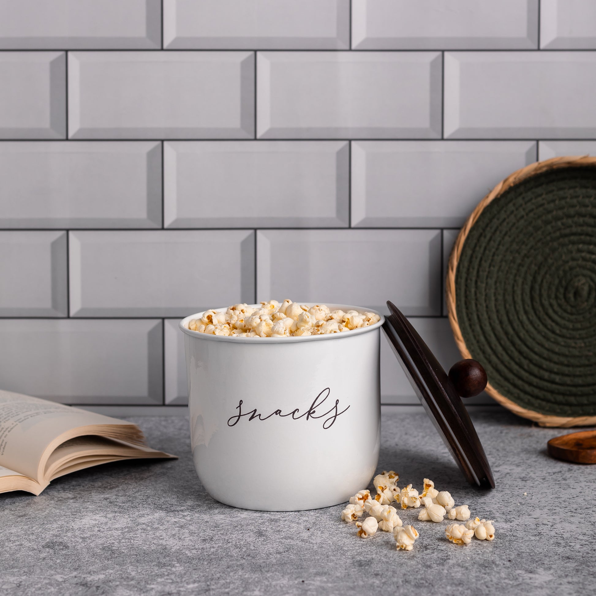 White-v | Elegant Snacks Jar | Airtight Metal Container with Wooden Lid | Namkeen Biscuit container