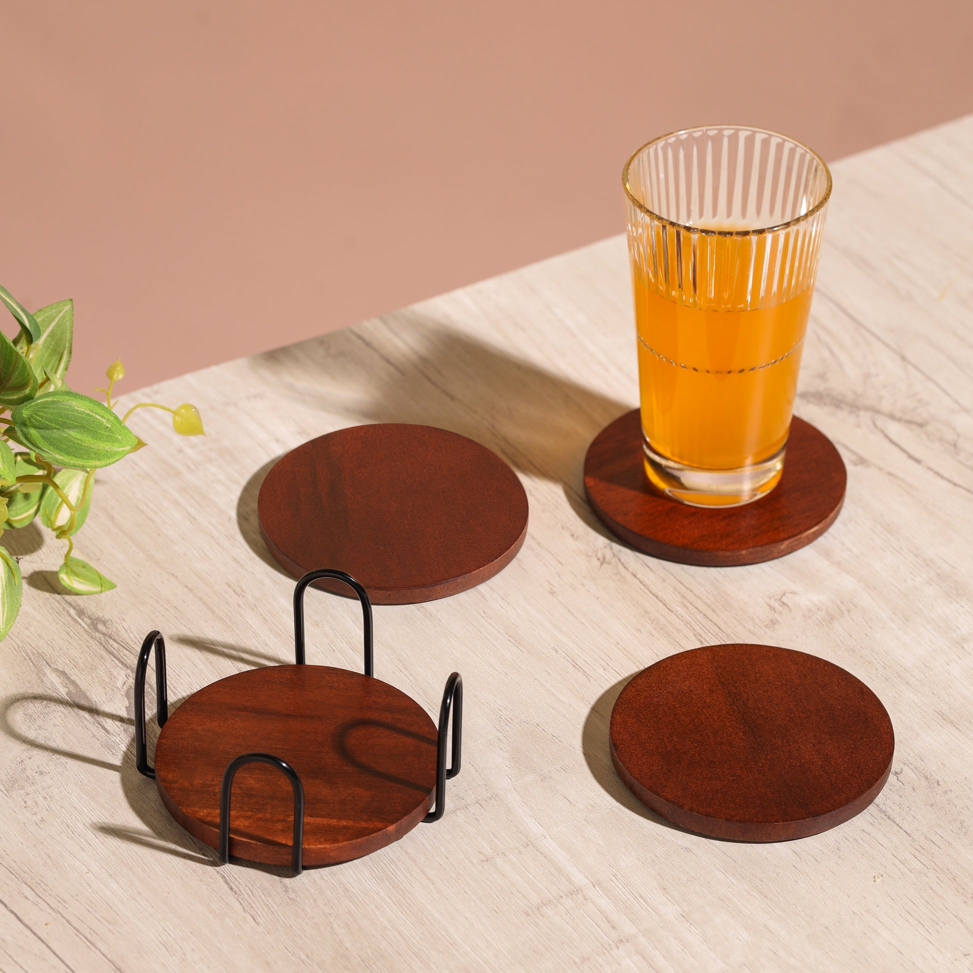 black-v | Premium Wood Coaster Set with Metal Stand | Designer Coasters for Tabletop Drinking Glasses & Mugs | Set of 4 Coasters with Stylish Holder-Round