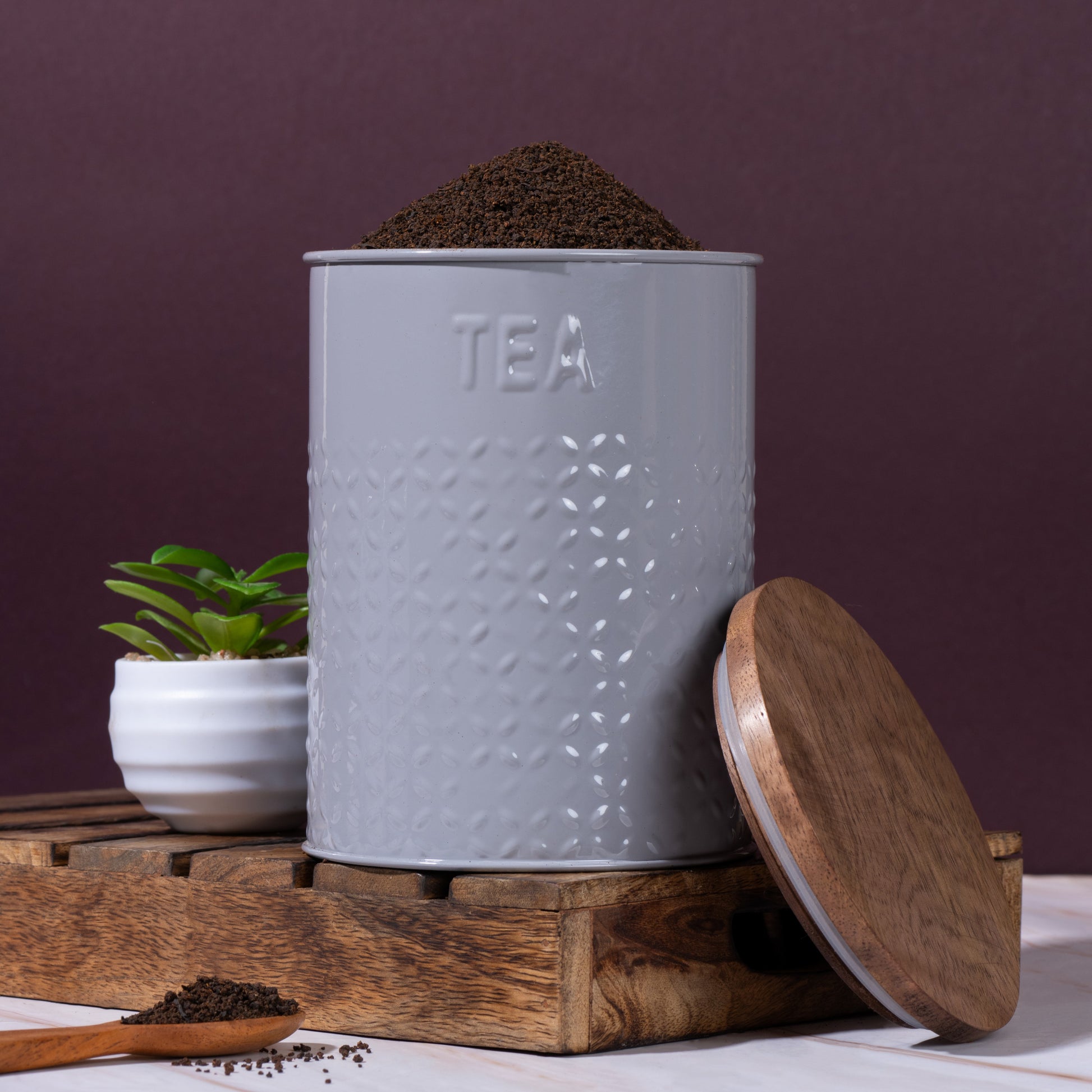 Grey-v | Embossed Kitchen Storage Jars |Sugar Tea Set of 2 Metal & Wood Jars