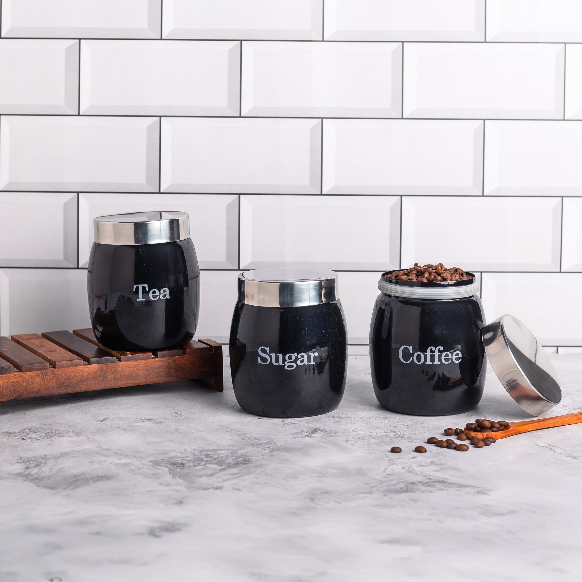 BLACK-v | Country Airtight Kitchen Containers | Set of 3 Metal Jars