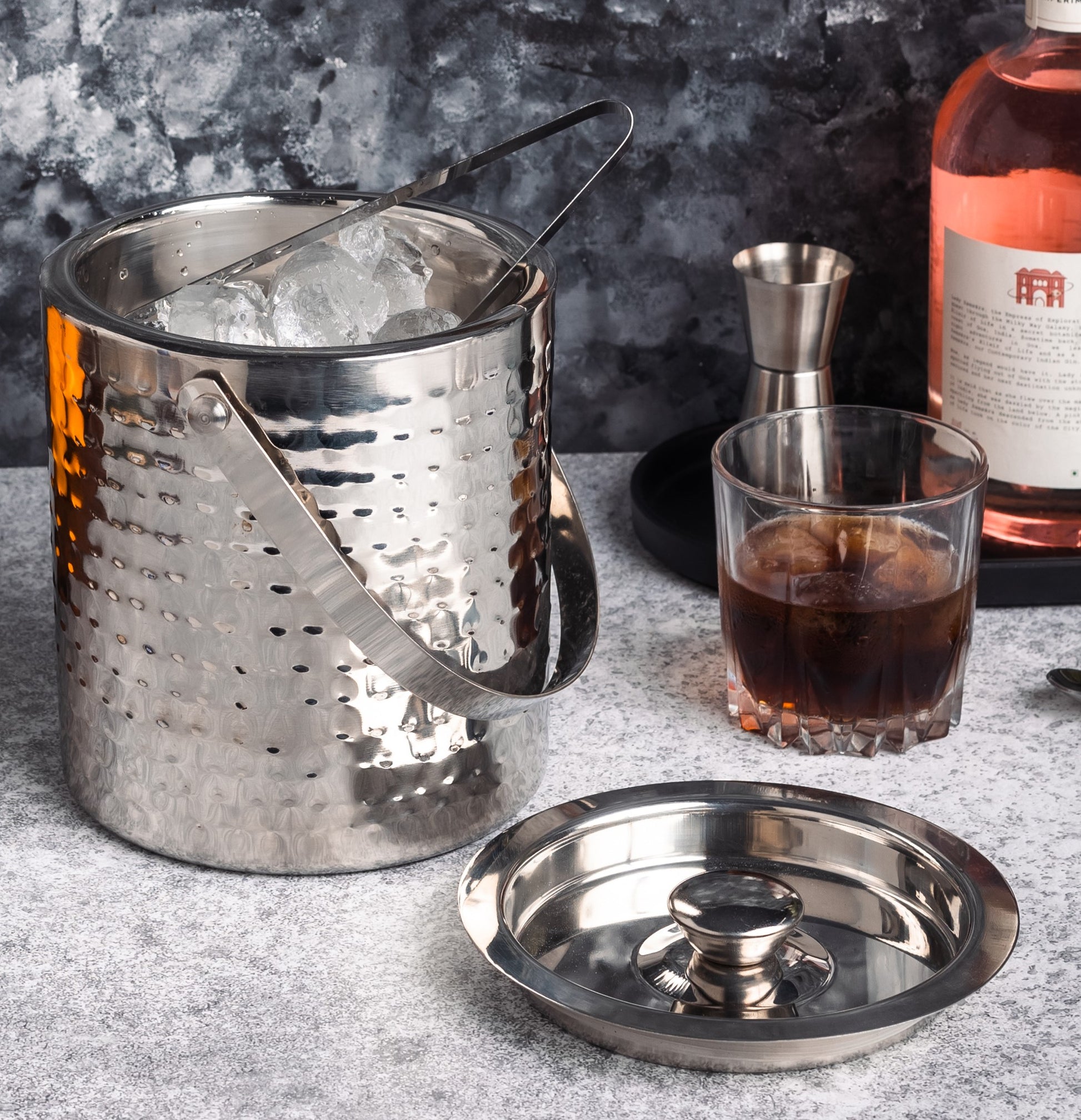 Silver-v | Stainless Steel Ice Bucket with Lid & Tong | Double-Walled Ice Cube Storage Box
