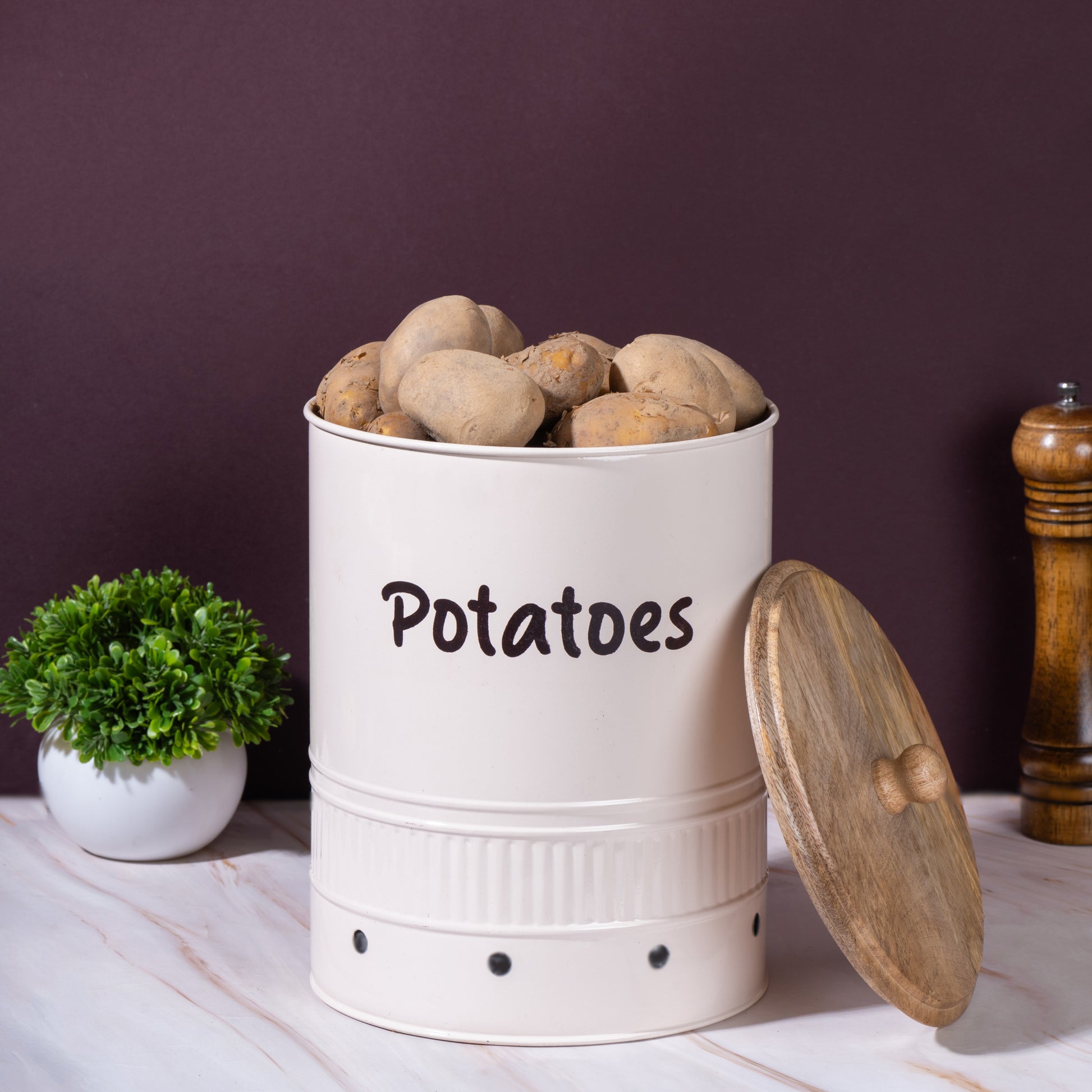 cream-v | Neo-modern Kitchen Storage Containers | Set of 3 Metal & Wood Jars | Onion, Potato & Garlic Storage