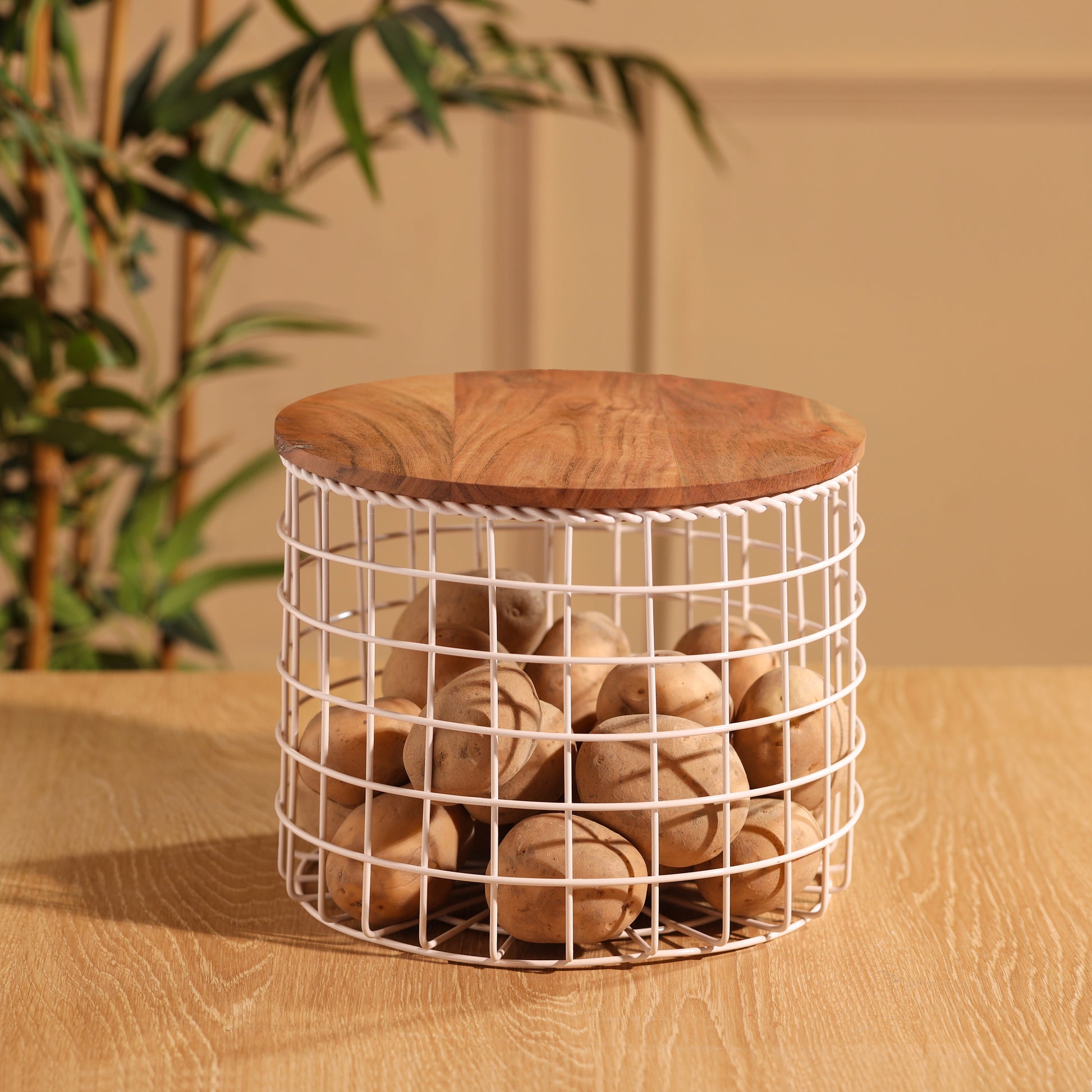 Tall-v | Neo-Modern Metal Wire Storage Basket with Wood Lid
