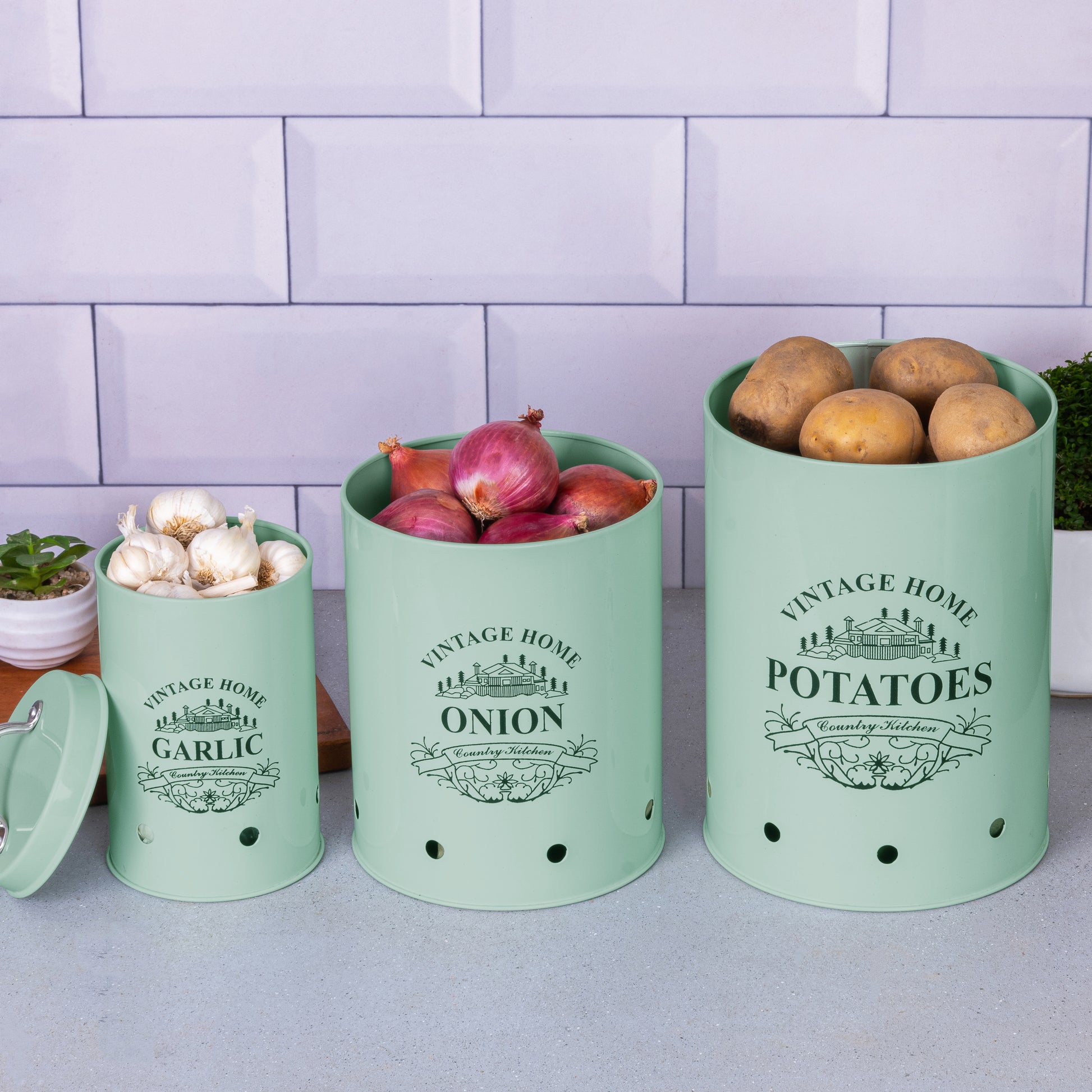 light green-v | Round Classic Kitchen Storage Containers | Set of 3 Metal Jars With Lid | Potato, Onion & Garlic Storage