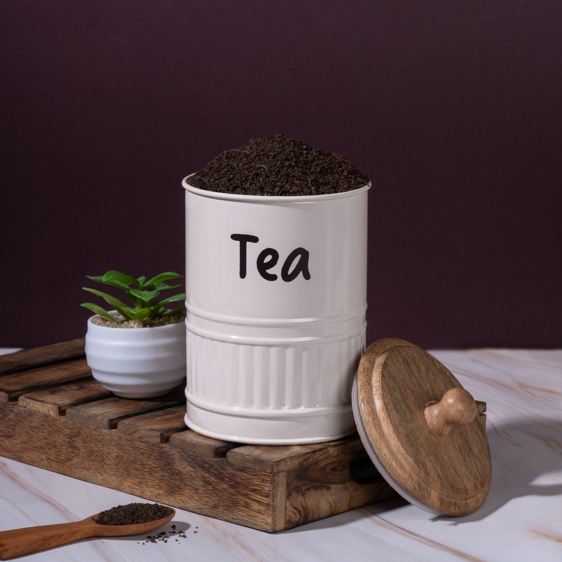 cream-v | Neo-modern Airtight Kitchen Containers |Sugar Tea Coffee Set of 3 Metal & Wood Jars