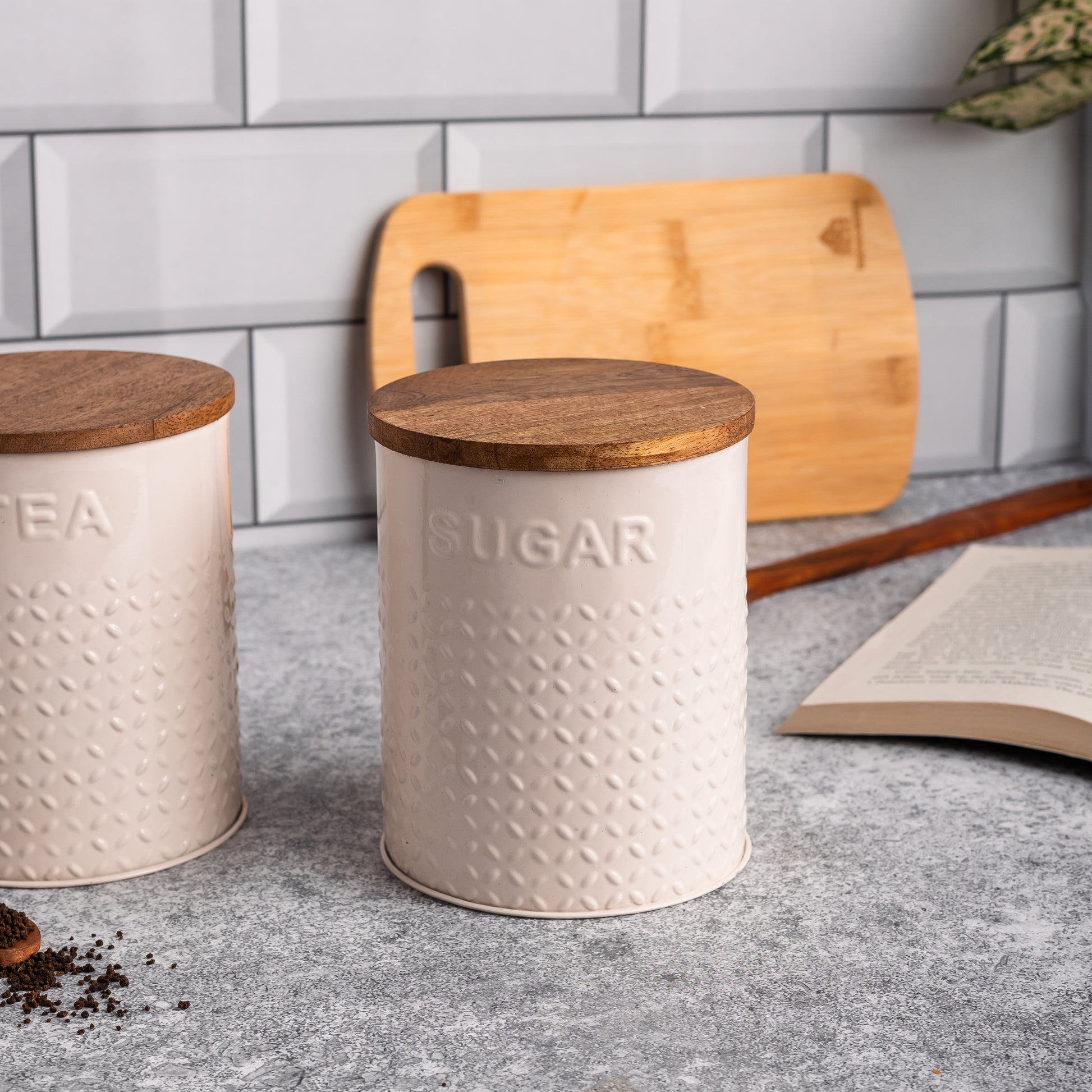 Cream-v | Embossed Kitchen Storage Jars |Sugar Tea Set of 2 Metal & Wood Jars