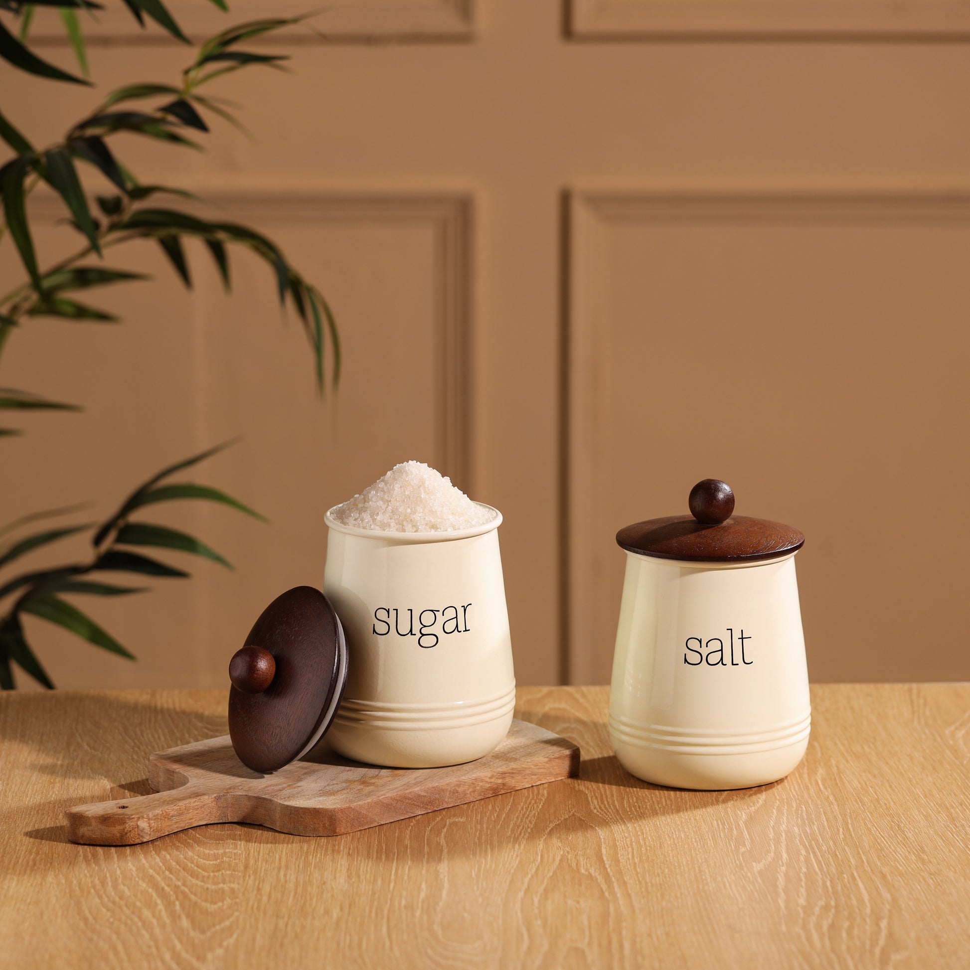 cream-v | Stylish Salt & Sugar Airtight Kitchen Containers | Set of 2 Metal & Wood Jars
