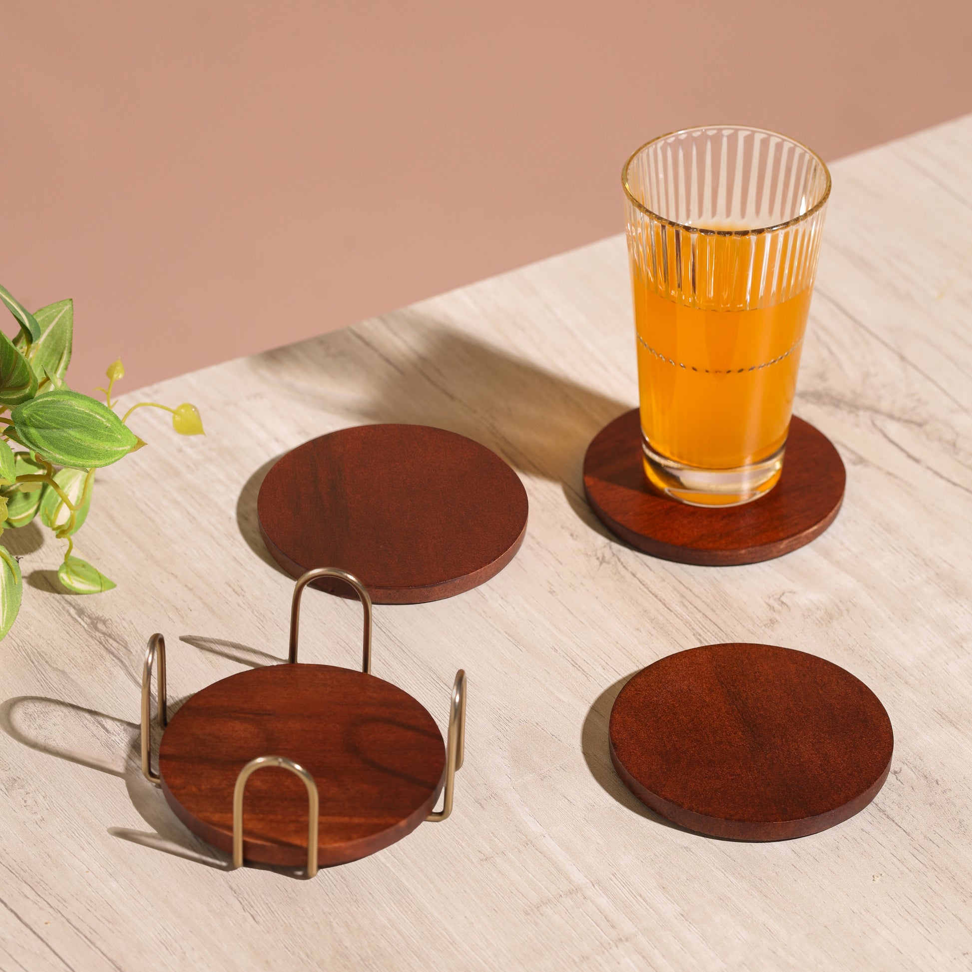 brass -v | Premium Wood Coaster Set with Metal Stand | Designer Coasters for Tabletop Drinking Glasses & Mugs | Set of 4 Coasters with Stylish Holder-Round