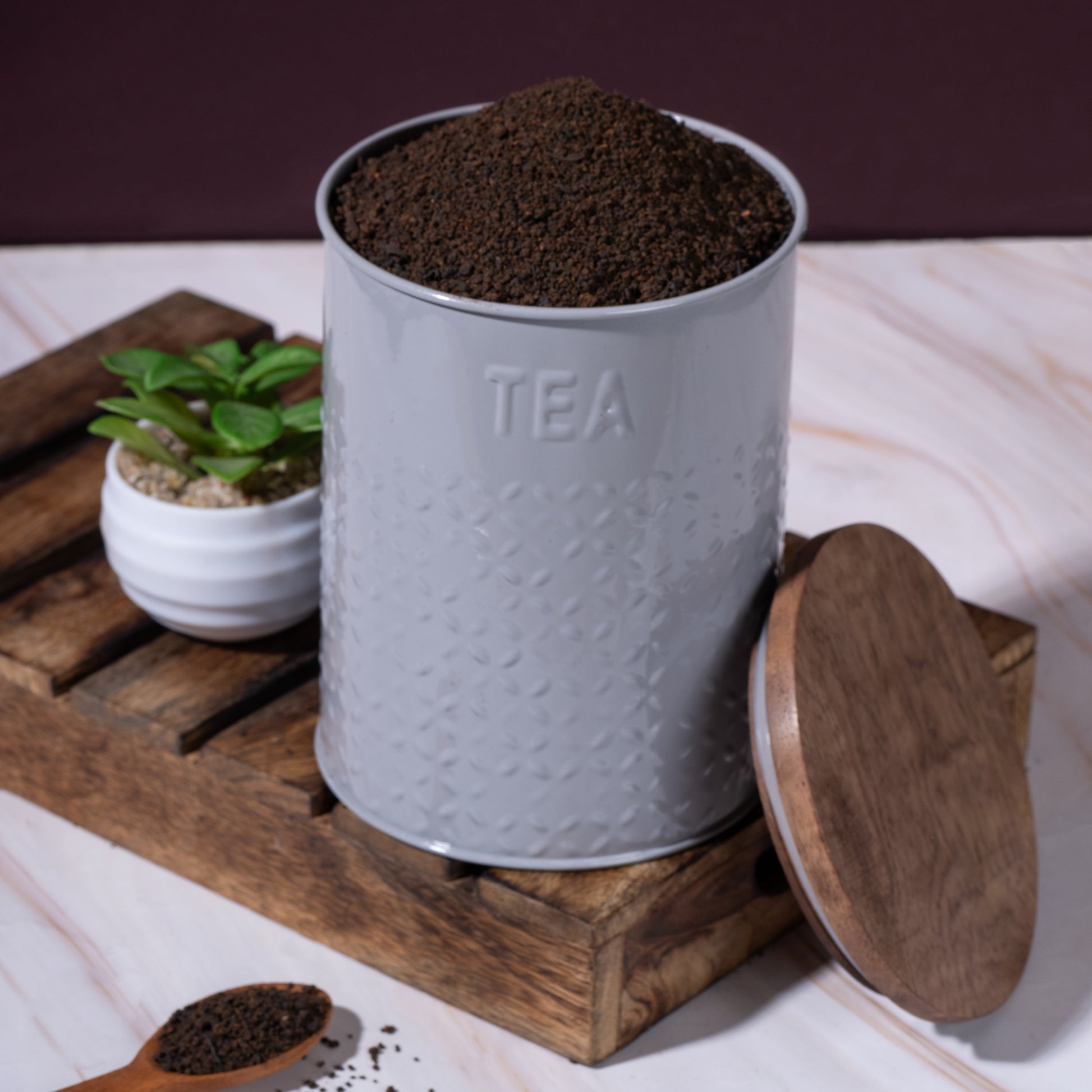 Grey-v | Embossed Kitchen Storage Jars |Sugar Tea Set of 2 Metal & Wood Jars