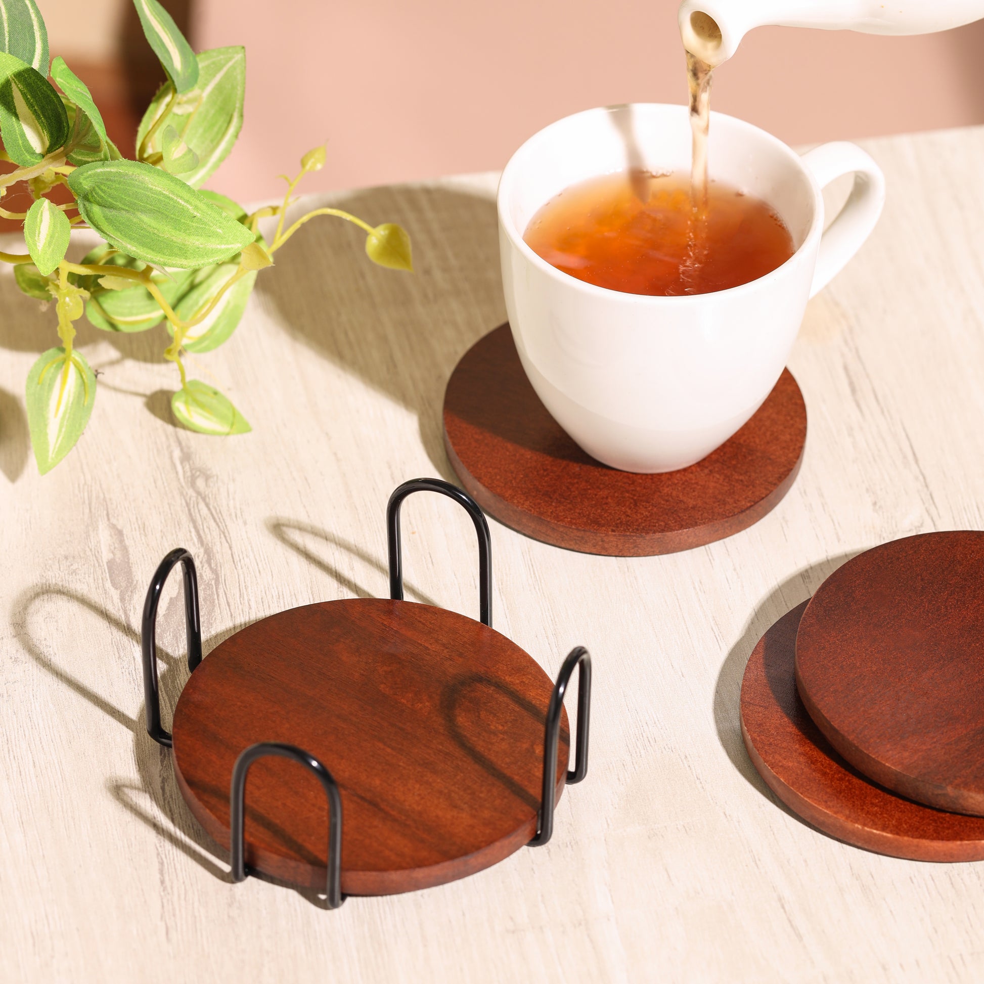 black-v | Premium Wood Coaster Set with Metal Stand | Designer Coasters for Tabletop Drinking Glasses & Mugs | Set of 4 Coasters with Stylish Holder-Round