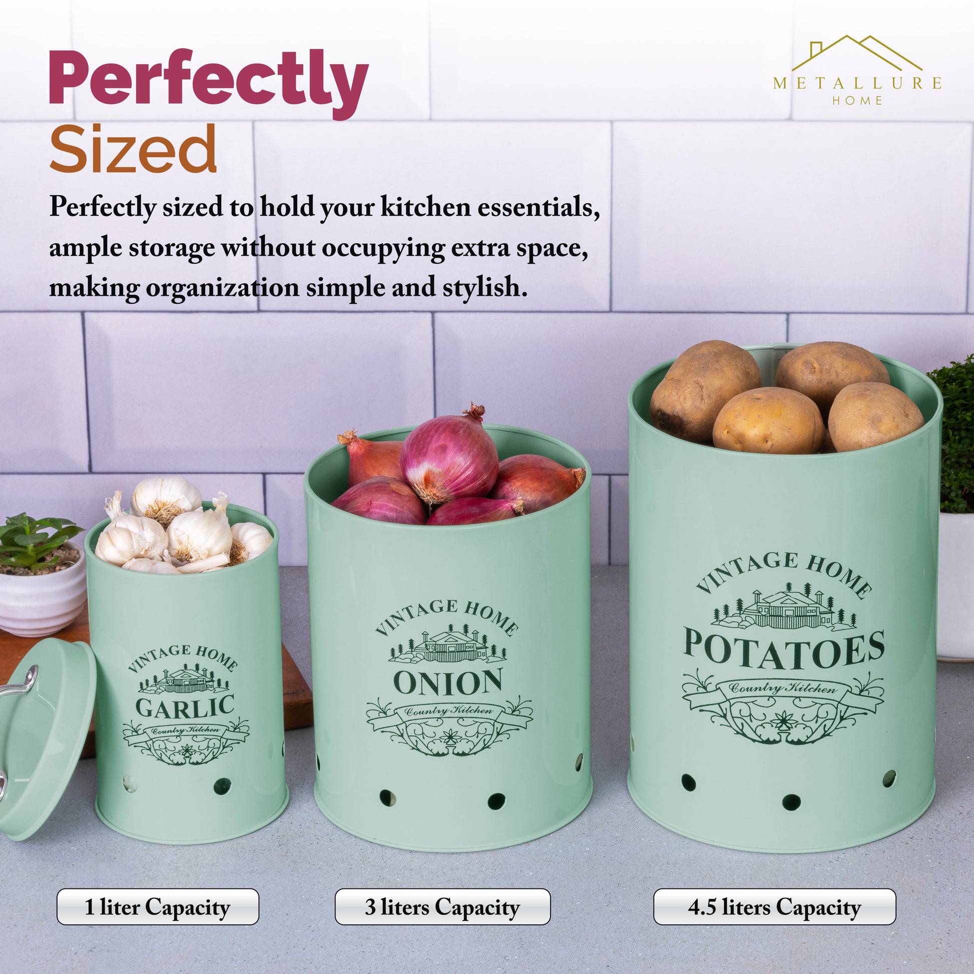 light green-v | Round Classic Kitchen Storage Containers | Set of 3 Metal Jars With Lid | Potato, Onion & Garlic Storage