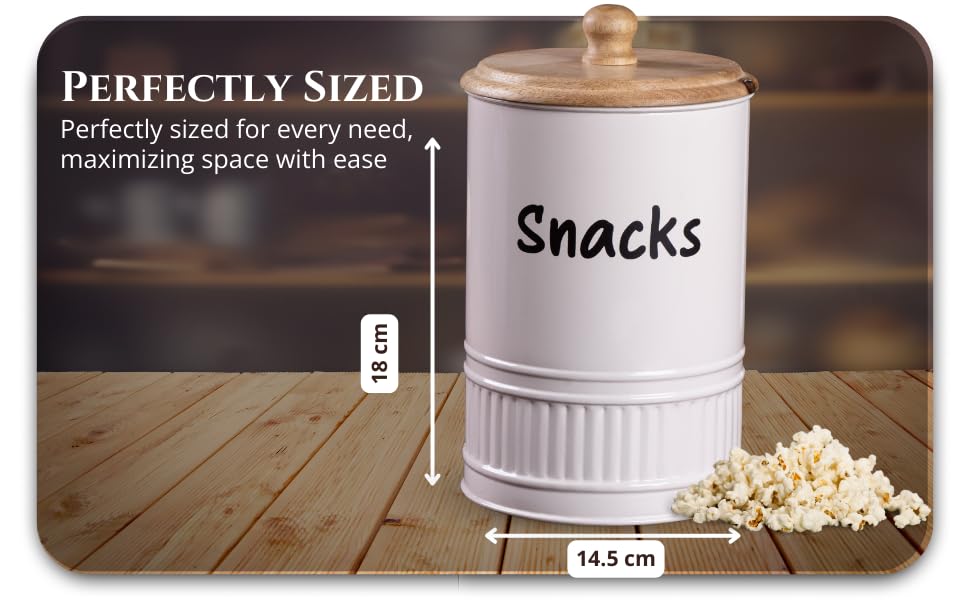 cream-v | Neo-modern Snacks Jar | Airtight Metal Container with Wooden Lid | Namkeen Biscuit container for Kitchen Storage