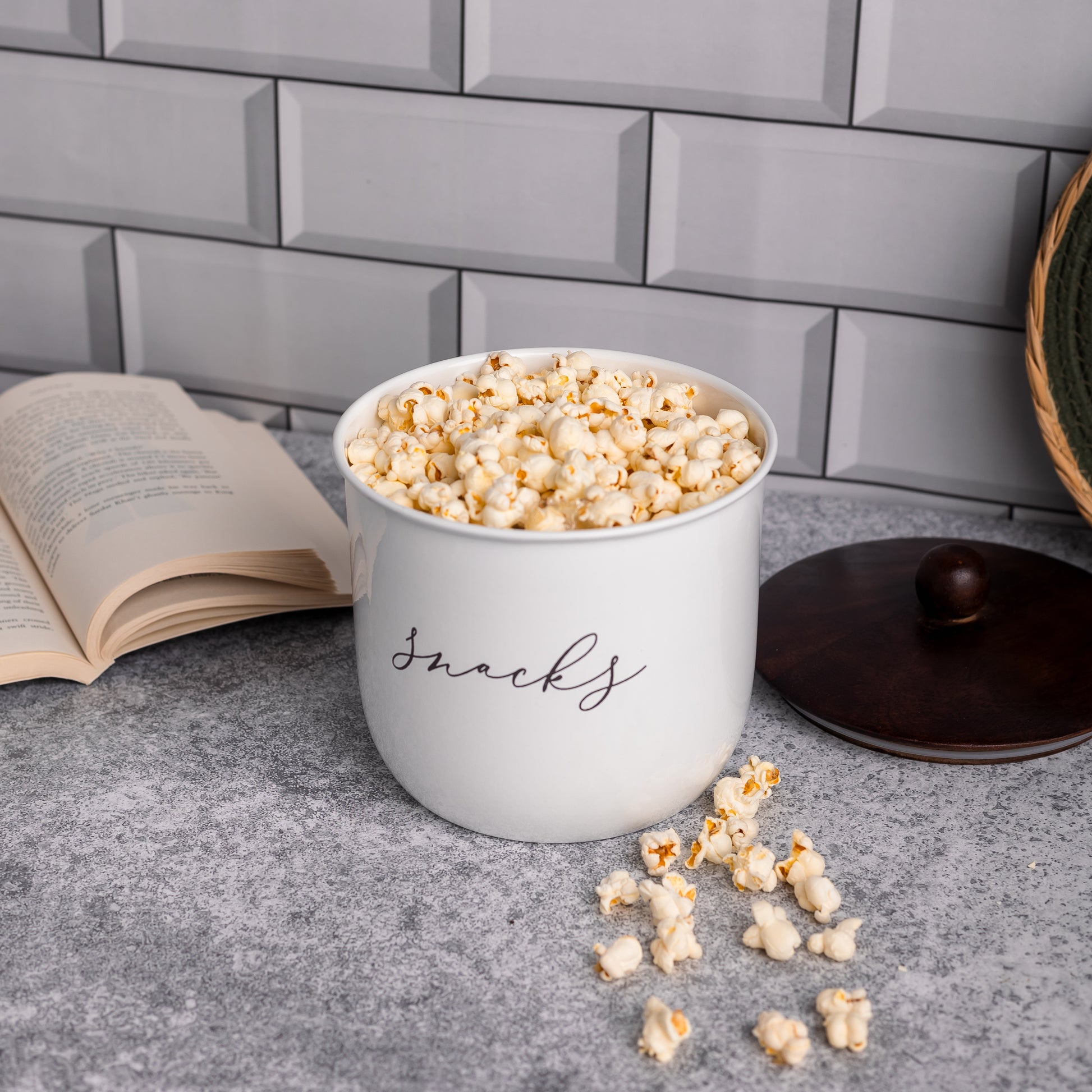 White-v | Elegant Snacks Jar | Airtight Metal Container with Wooden Lid | Namkeen Biscuit container