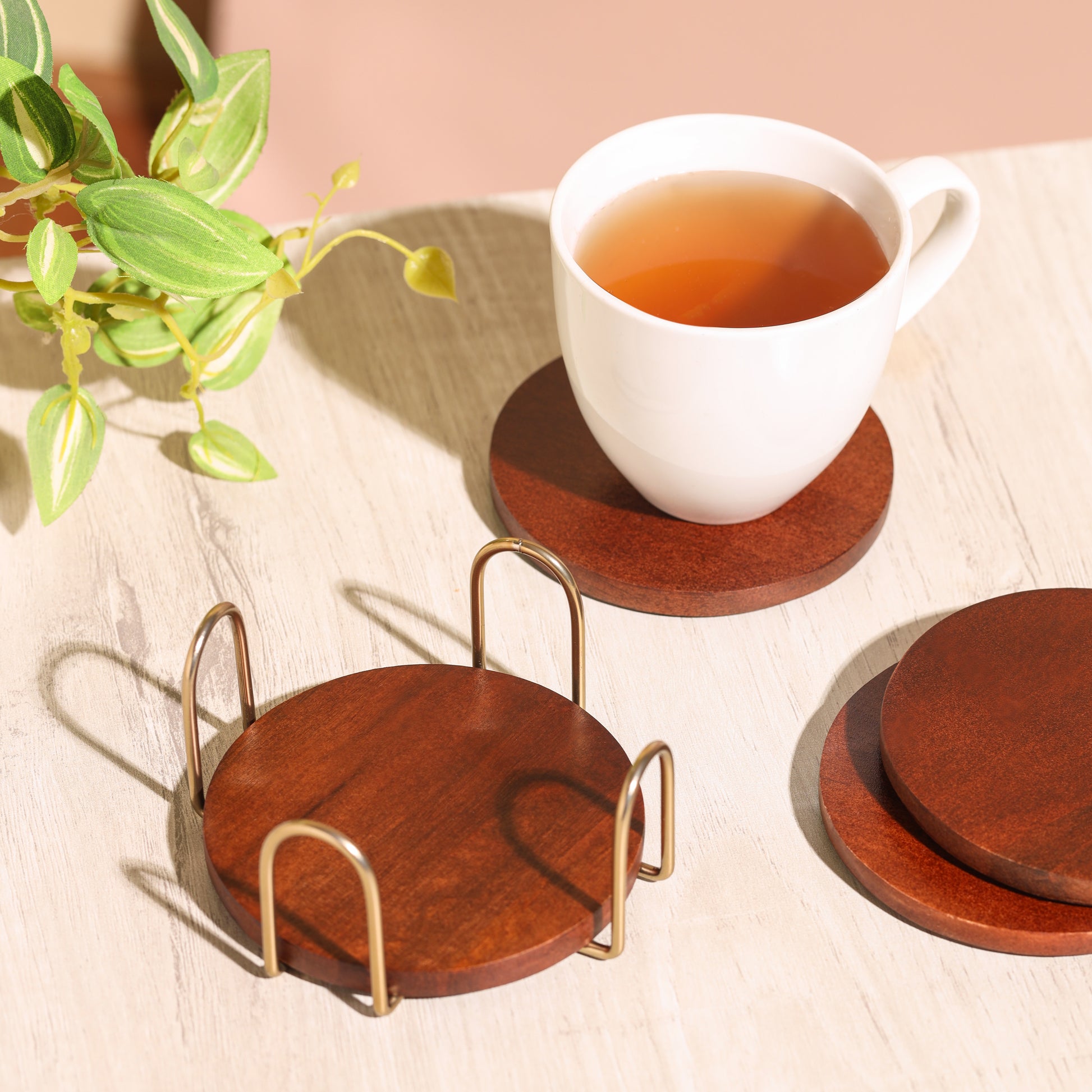 brass-v | Premium Wood Coaster Set with Metal Stand | Designer Coasters for Tabletop Drinking Glasses & Mugs | Set of 4 Coasters with Stylish Holder-Round