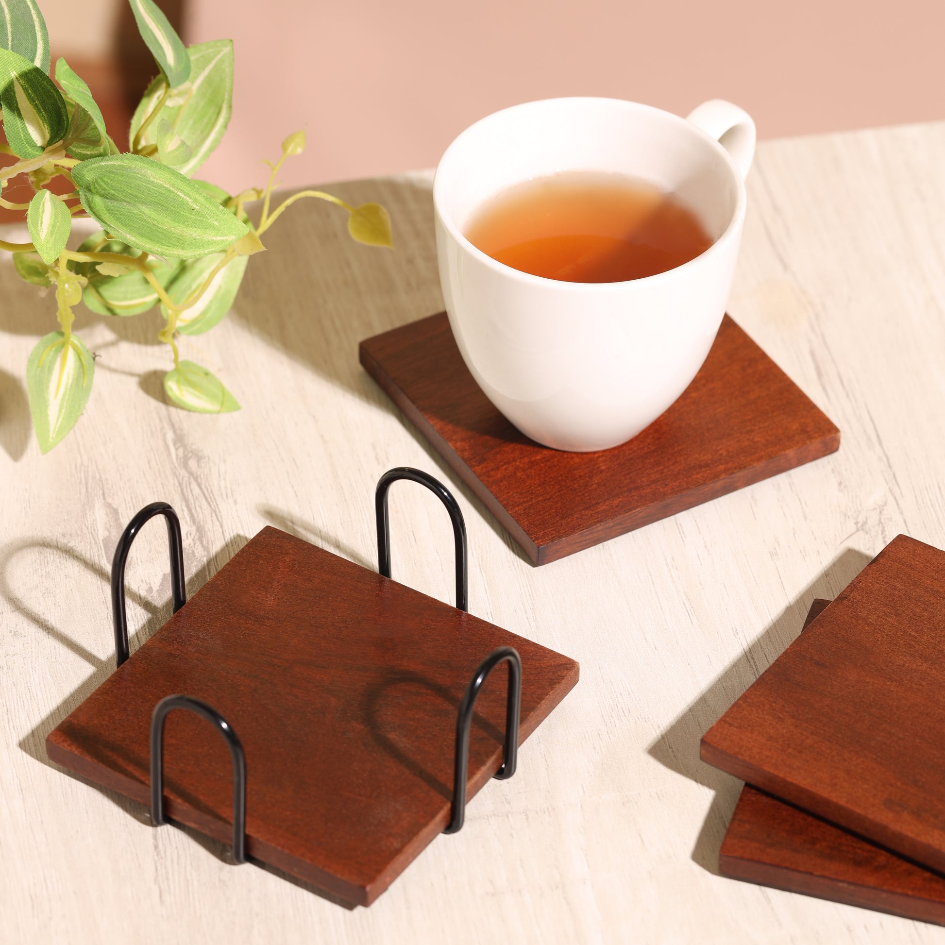 black-v | Premium Wood Coaster Set with Metal Stand | Designer Coasters for Tabletop Drinking Glasses & Mugs | Set of 4 Coasters with Stylish Holder-Square