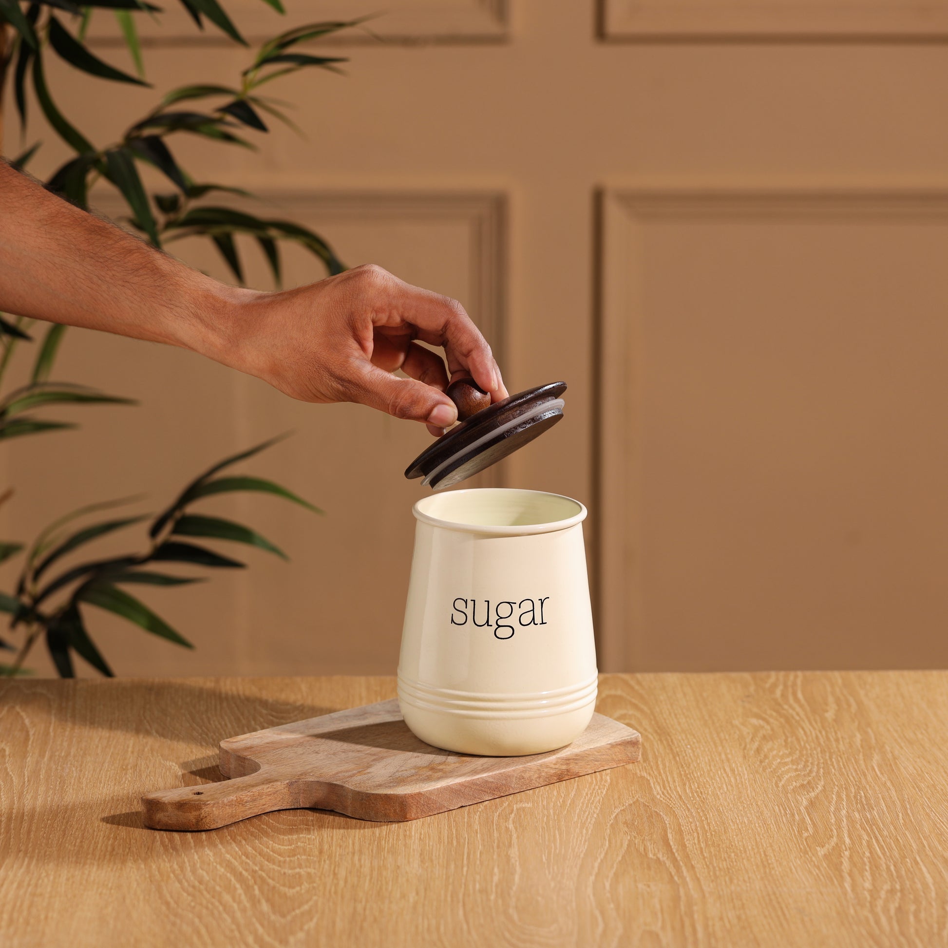 cream-v | Stylish Salt & Sugar Airtight Kitchen Containers | Set of 2 Metal & Wood Jars