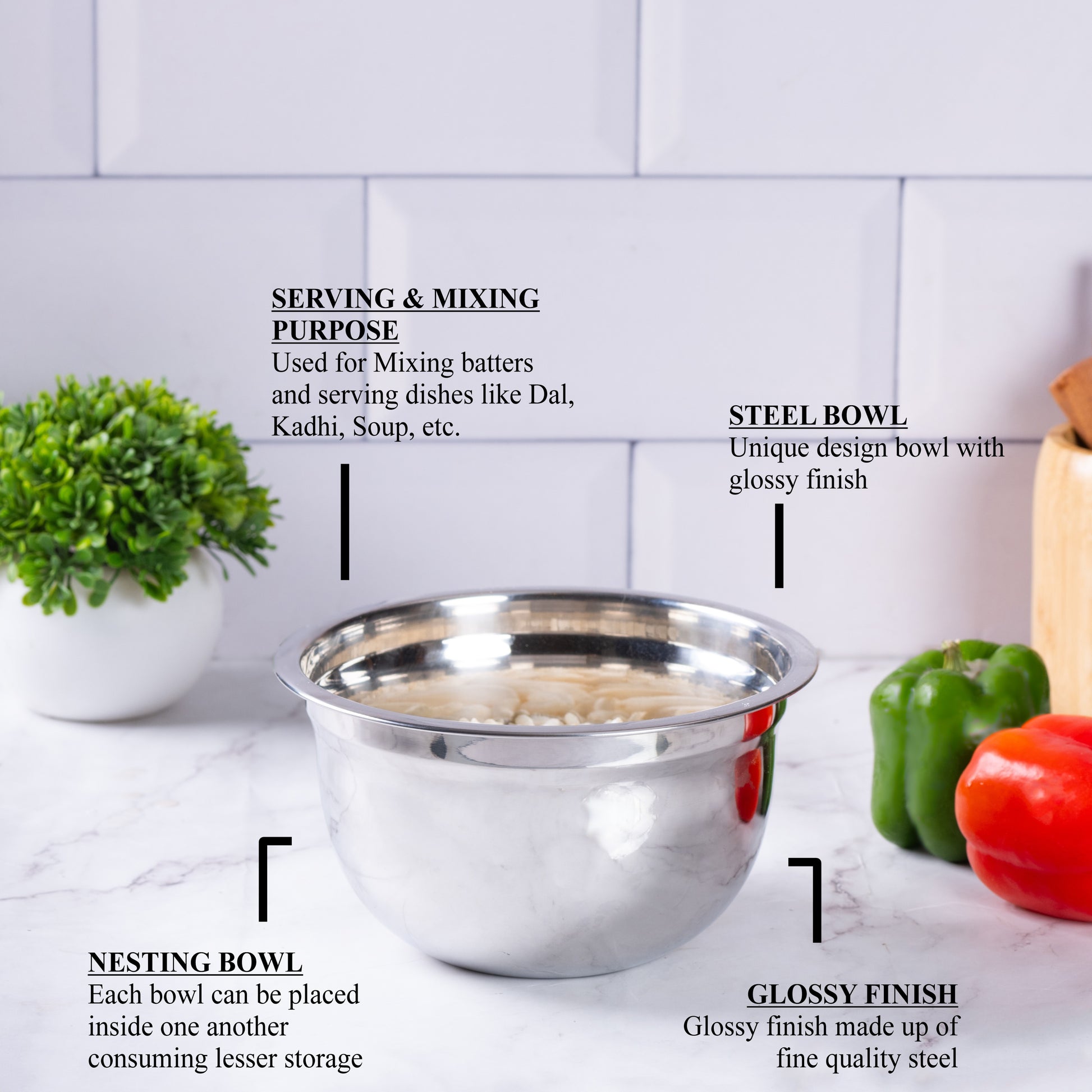 Silver-v | Stainless Steel Mixing & Serving Bowl | Set of 3 pcs Without lid