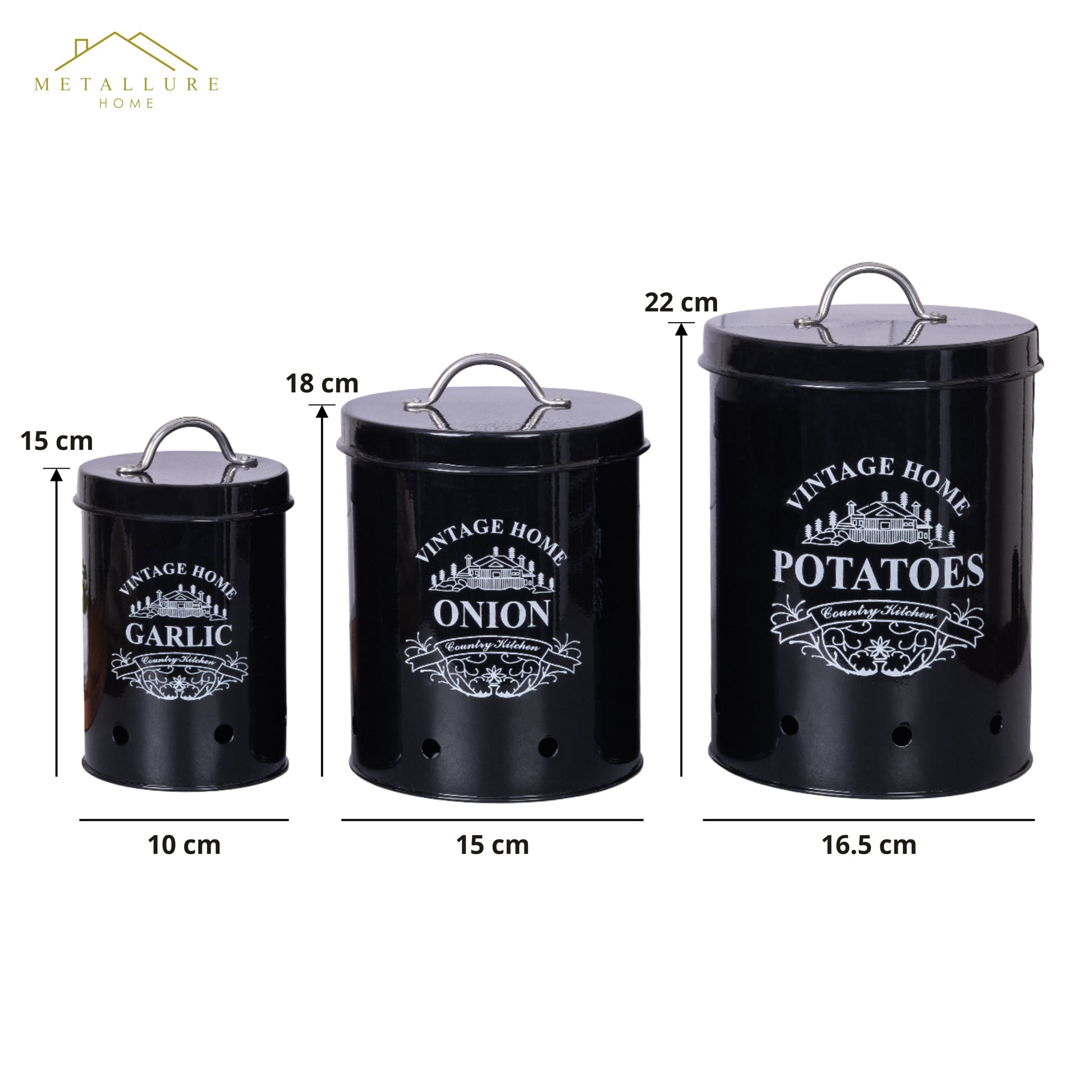 Black-v | Round Classic Kitchen Storage Containers | Set of 3 Metal Jars With Lid | Potato, Onion & Garlic Storage