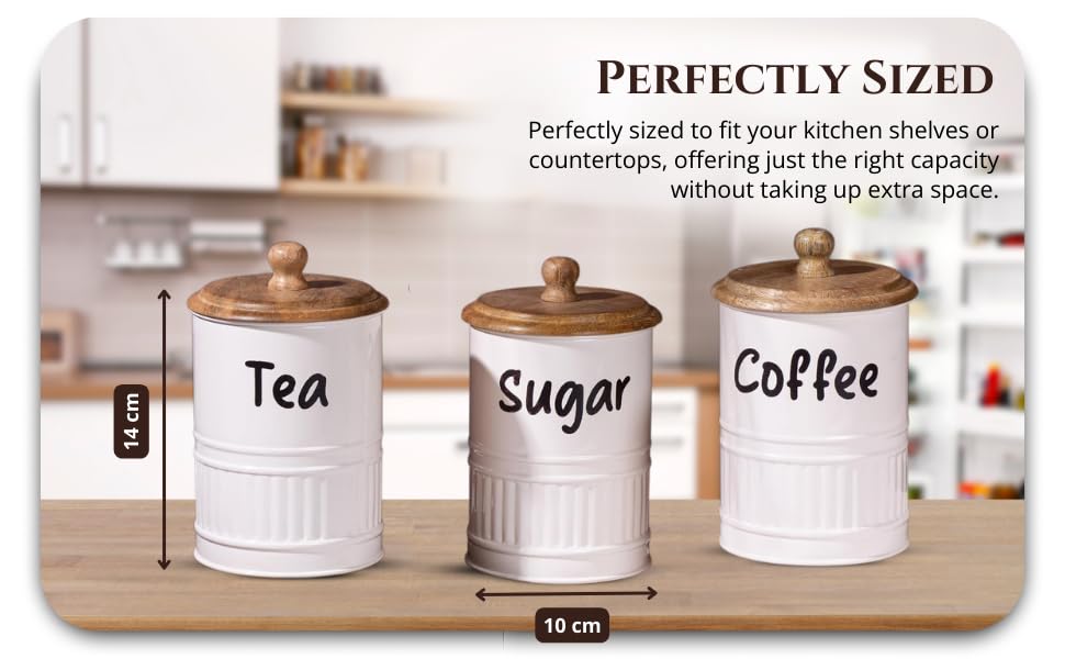 cream-v | Neo-modern Airtight Kitchen Containers |Sugar Tea Coffee Set of 3 Metal & Wood Jars