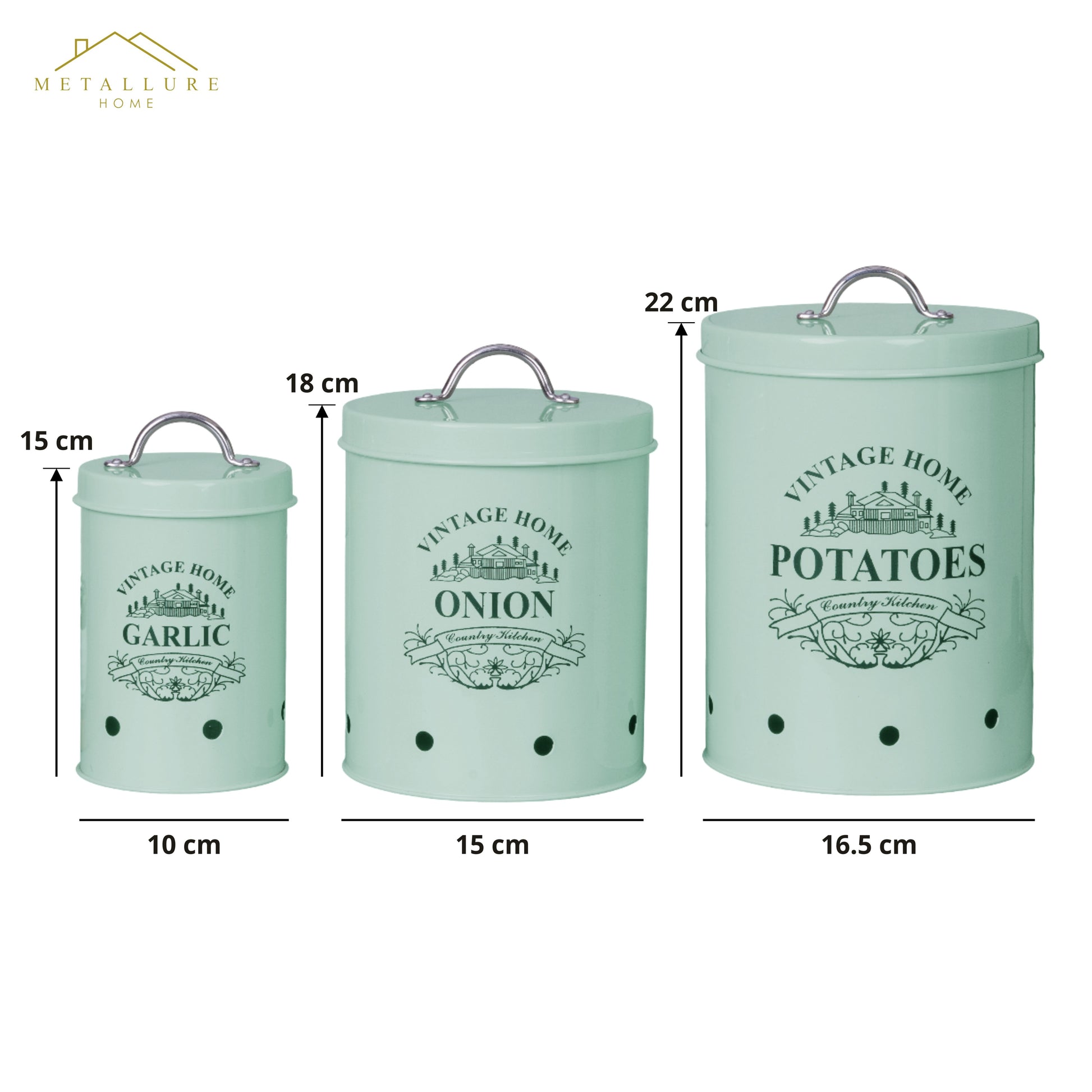light green-v | Round Classic Kitchen Storage Containers | Set of 3 Metal Jars With Lid | Potato, Onion & Garlic Storage
