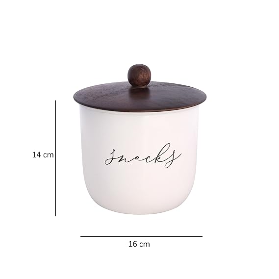 White-v | Elegant Snacks Jar | Airtight Metal Container with Wooden Lid | Namkeen Biscuit container