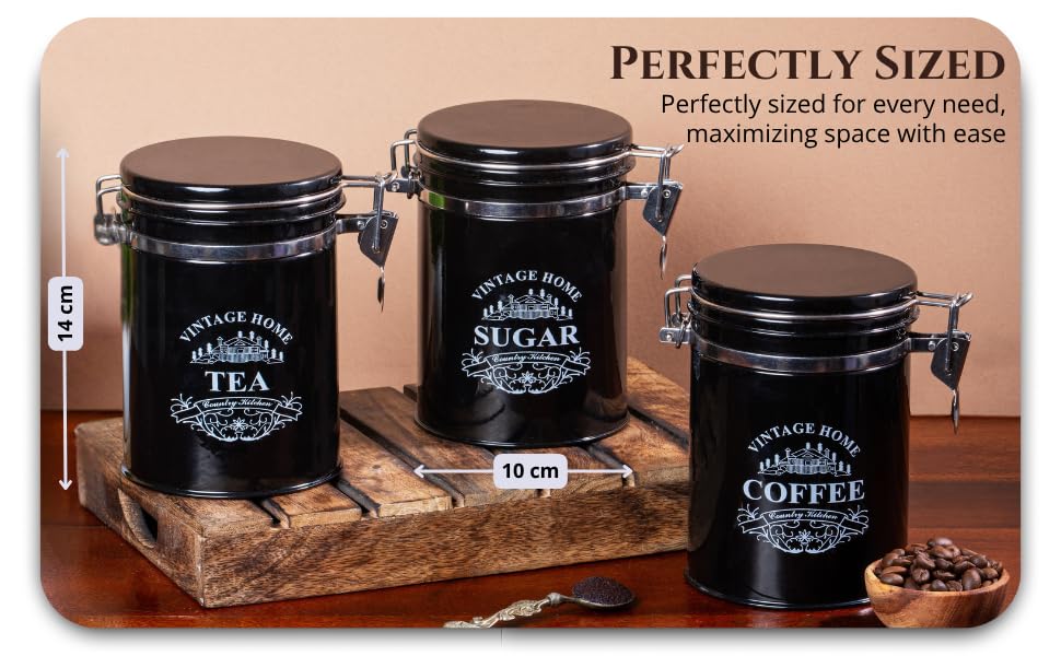 Black-v | Clip-Lock Round Classic Airtight Container Set | Sugar Tea Coffee Container Set of 3